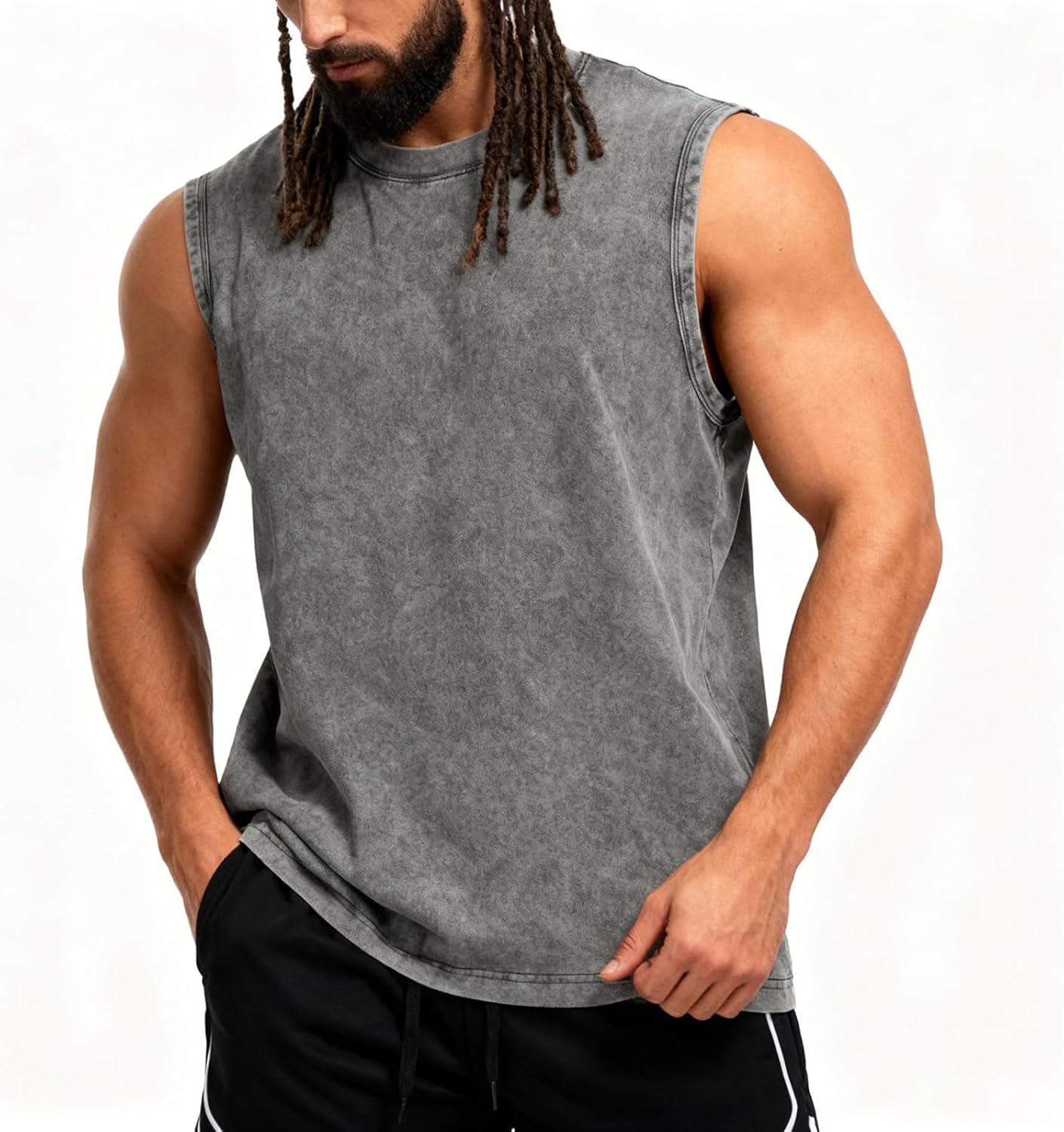 Mens Workout Tank Tops Sleeveless T Shirts Men Muscle Shirt Gym Cotton Acid Wash Tee Shirts Running Loose Fit Tees