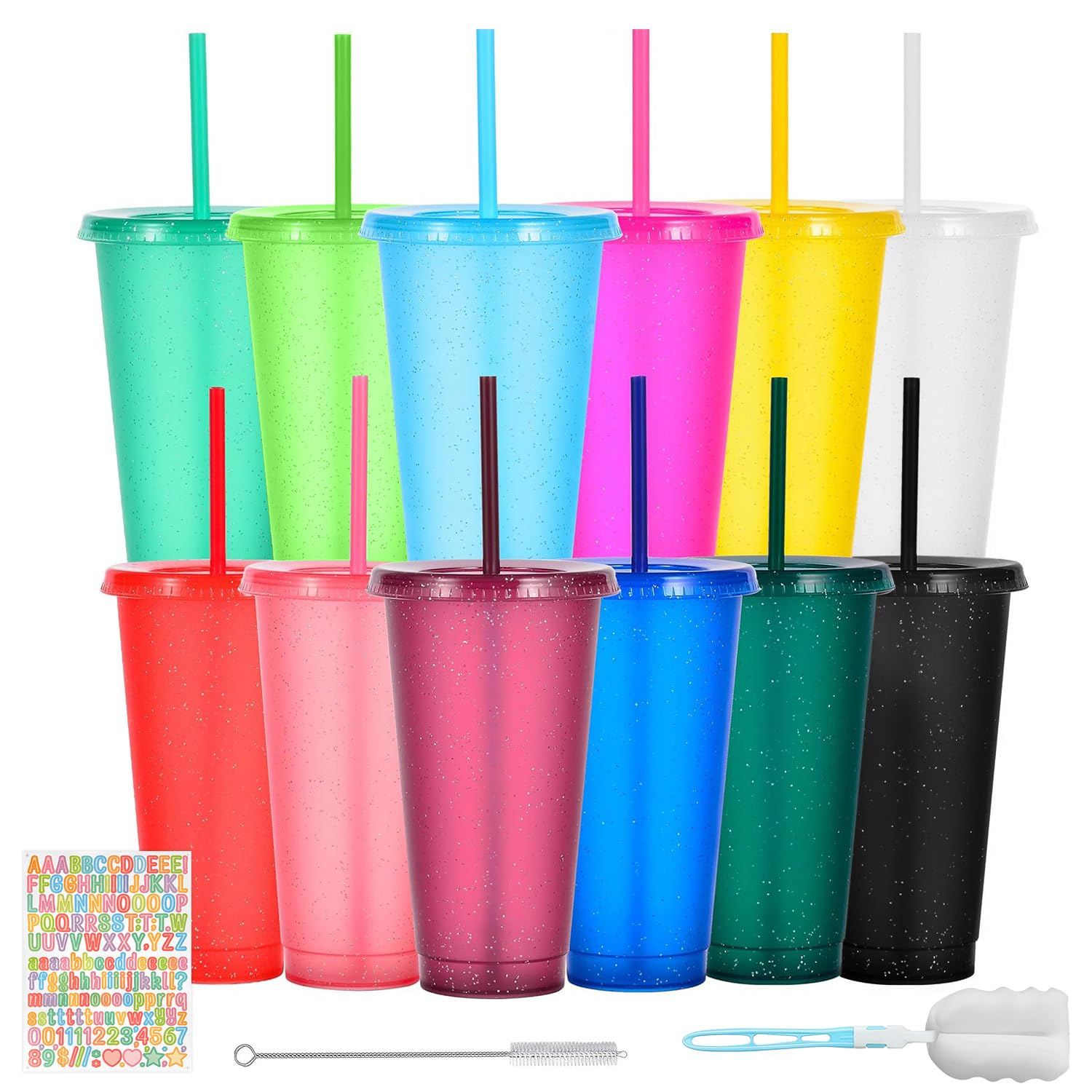 HJLIKE 12 Pack 710ml Reusable Plastic Cups with Lid Straws Letter Stickers and Cleaning Brushes, Glitter Water Cold Coffee Tumber for Birthday Hen Do Party Travel Beverages Drinking — image 1