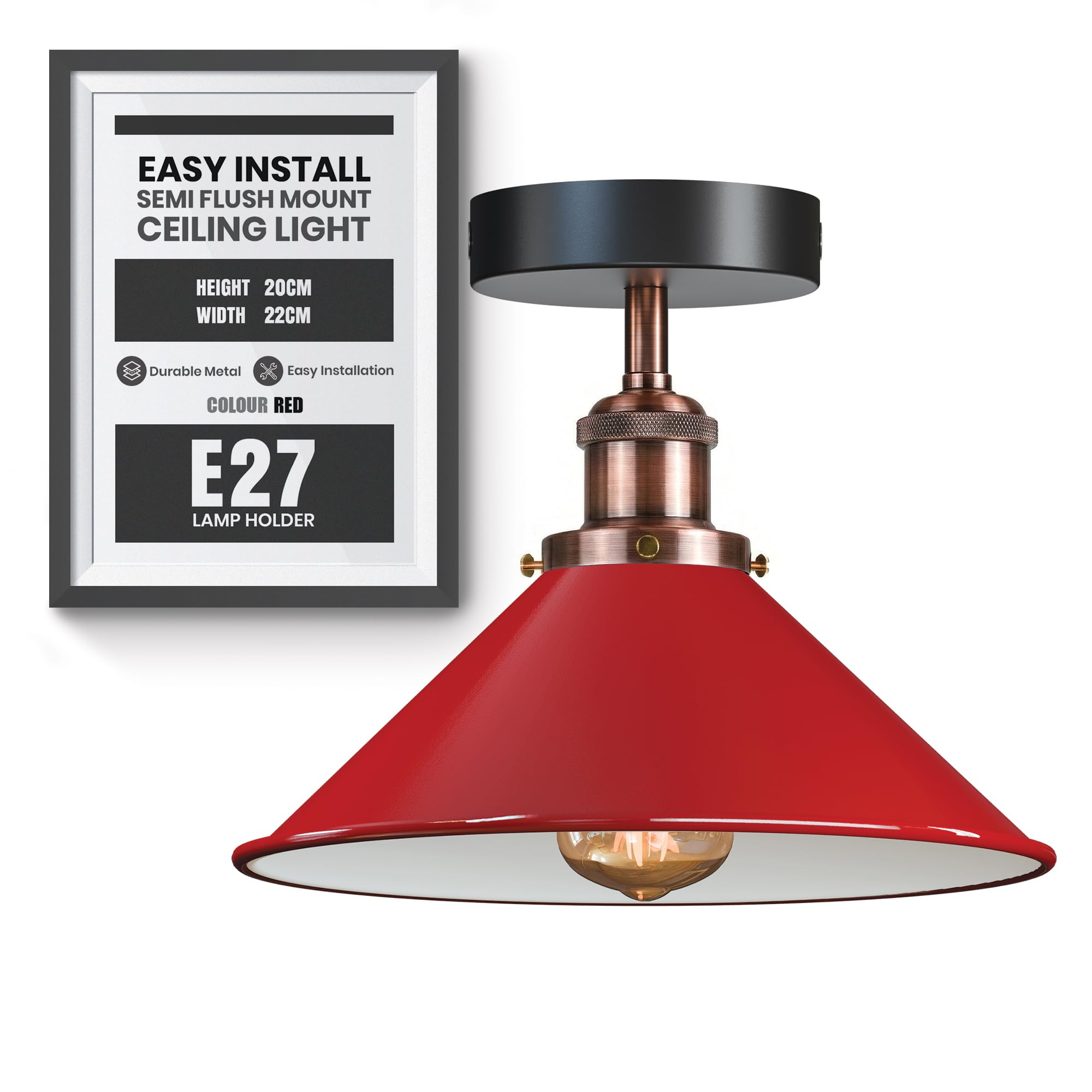 DC VOLTAGE Vintage Flush Mount Ceiling Light E27 Metal Cone Shade Light Fixture for Bedroom,Dining Room,Kitchen, Hallway 22cm Red with Bulb