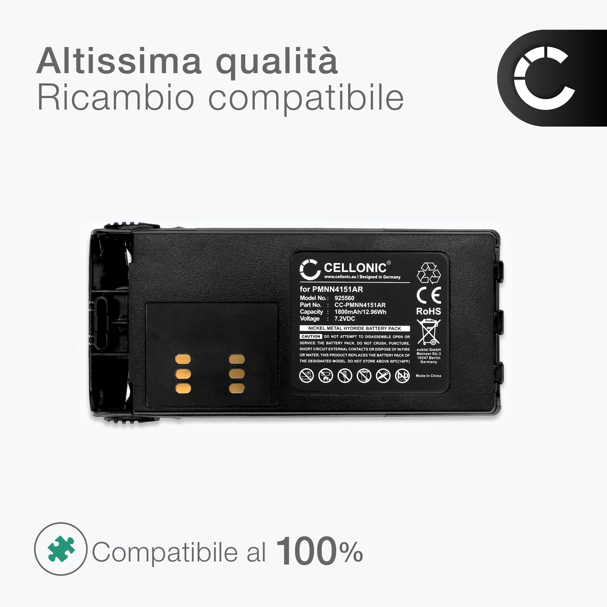 CELLONIC 1x Batteria per Dispositivo radio Compatibile con Motorola GP340, GP380, GP360, PMNN4151AR – (1800mAh, 7.2V)