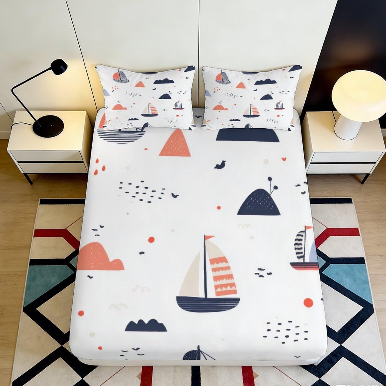 3D Printed Nautical Sailboat Fitted Sheet Microfiber Soft Breathable Ocean Pattern Mattress Cover for Bedroom Dormitory Guest Room Protection Decor 180x200x25cm