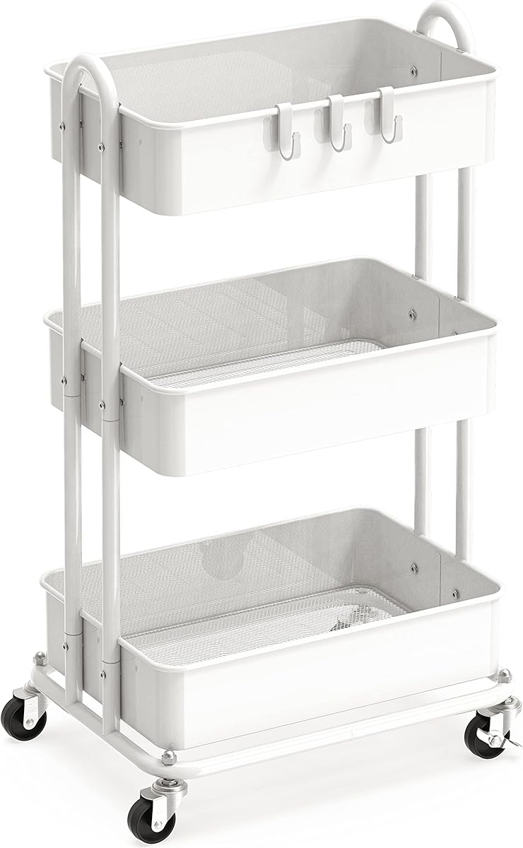 Simple Houseware 3-Tier Heavy Duty Metal Utility Rolling Cart, White