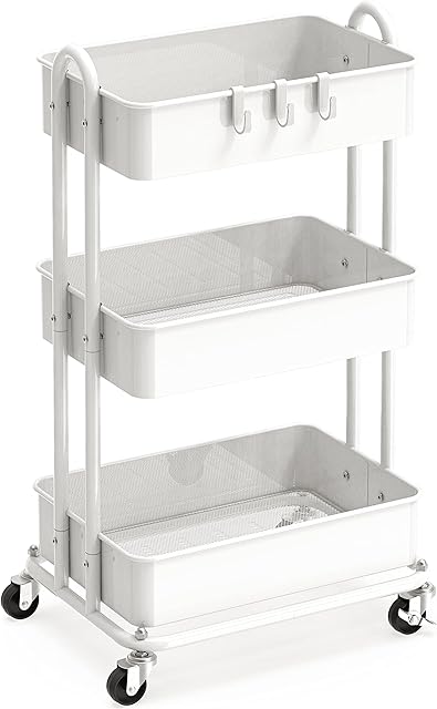 SimpleHouseware Heavy Duty 3-Tier Metal Utility Rolling Cart, White