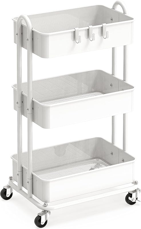 Carro rodante utilitario de metal resistente de 3 niveles Simple Houseware, color blanco