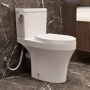 Rear Discharge Toilet with Powerful Rimless Flush, 18 Comfort Height, Elongated Bowl, 1.28 GPF, Back Outlet Two Piece Toilet with Tank, P-Trap, Skirted Modern Design, Two Extension Pipes Included
