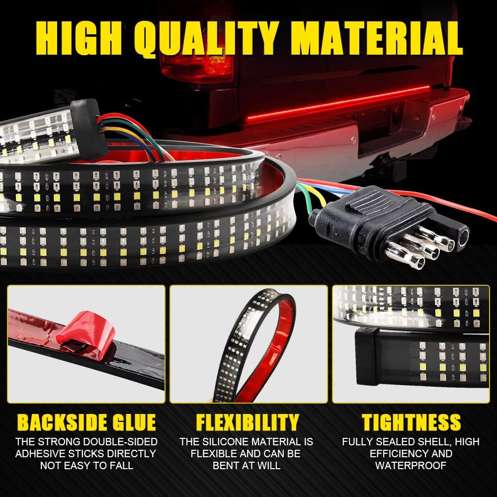 LED Truck Tailgate Light Bar, KaiDengZhe 48 Inch Quad Row Tail Light Bar 5 Function Red Brake White Backup Reverse Red Turn Signal Strobe Light for Pickup SUV RV Van Dodge Ram No Drill Install