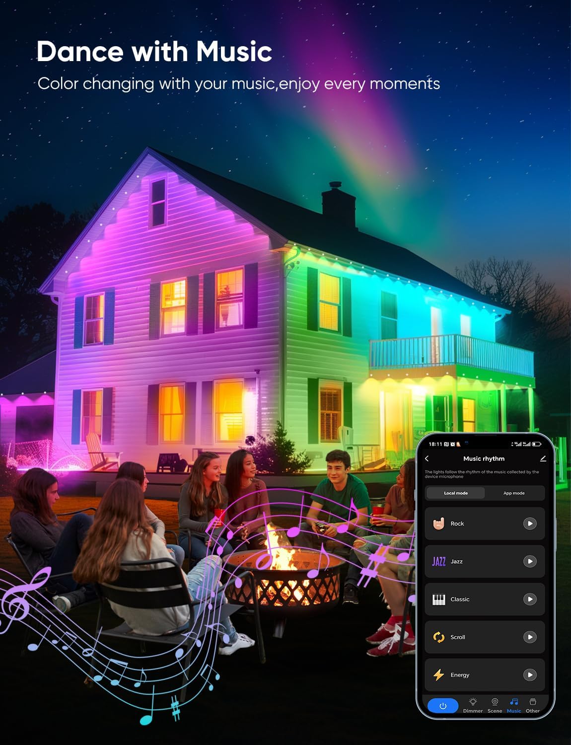 Permanent Outdoor Lights 150ft,RGBW Eaves Light with 108 LED Lights,111+ Scenes Modes Outdoor Lighting, Waterproof Permanent Light for Daily Holiday Halloween Decorations, Compatible with Alexa,Black - Image 5