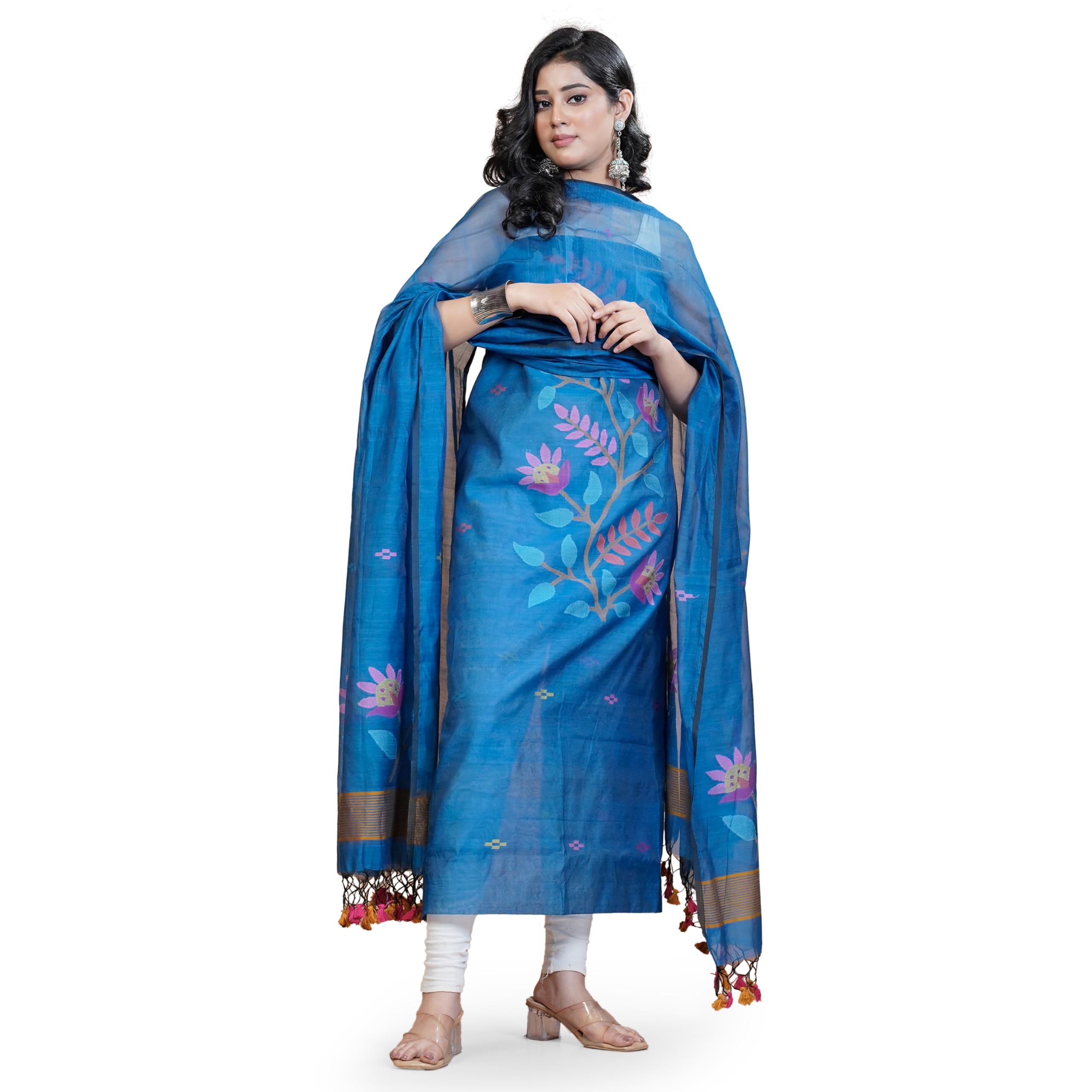 Handwoven Jamdani Suit with Dupatta, Teal Blue, Maslin, Floral Woven Design, 2.5 Meter Top and Dupatta with Jal Net-image-30