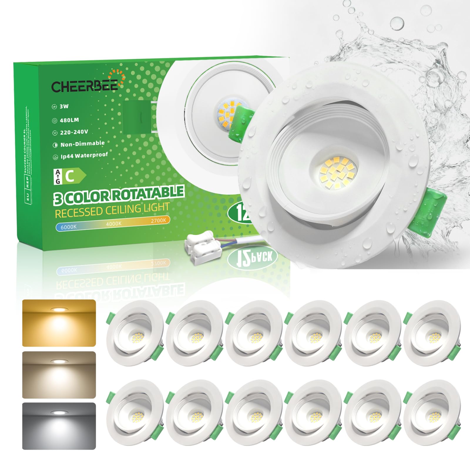 LED Einbaustrahler 230V Schwenkbar, 3W LED Spots 450LM, Deckenspots Warmweiß 2700K Neutralweiß 4000K Kaltweiß 6000K, IP44 LED Spots Badezimmer & Deckenspots, Ø70–80mm Nicht Dimmbar 12er Set