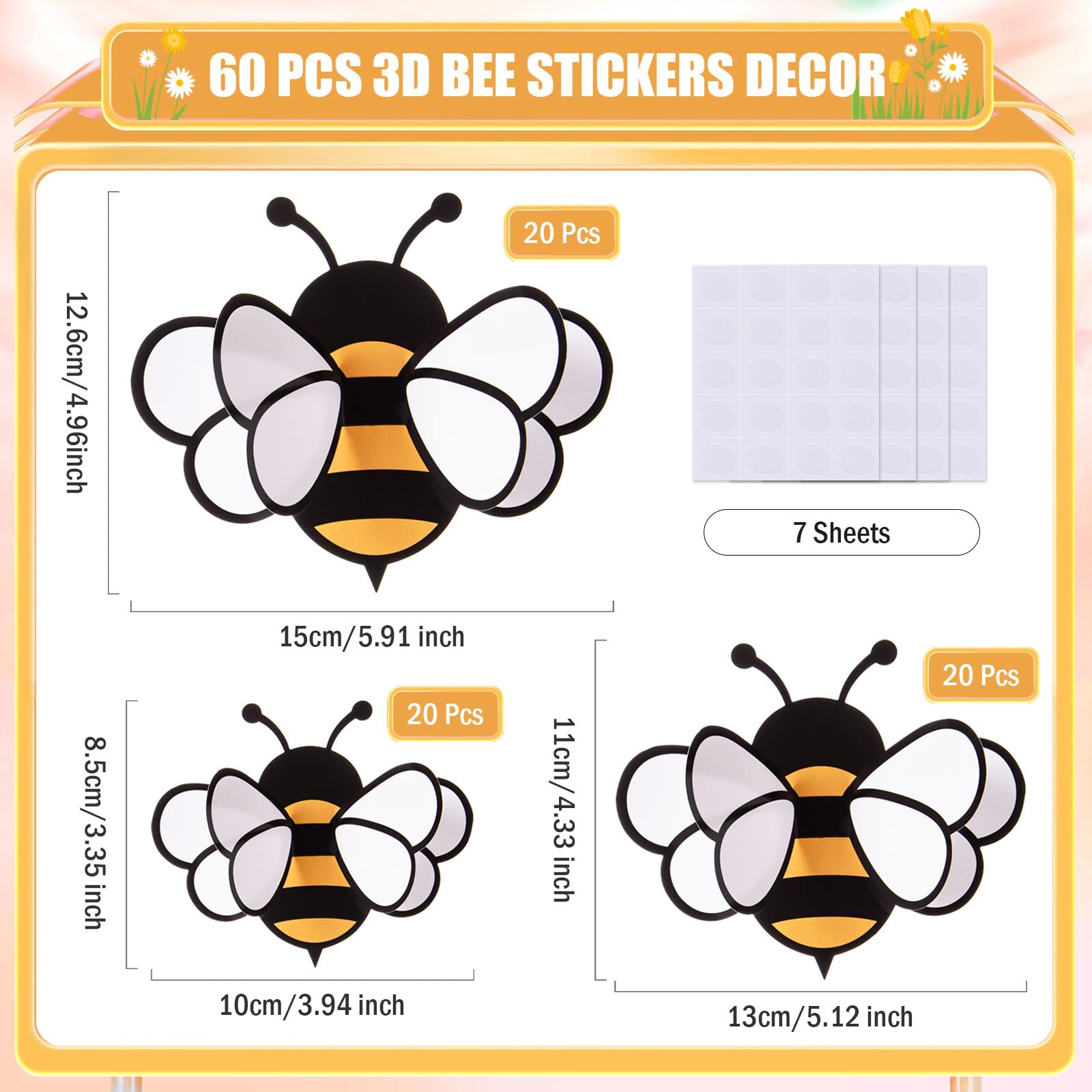 FOBSME 60 Pcs 3D Bee Stickers 3 Sizes Tiny Ornaments for Honey Bee Party Wall Decal Decorations Yellow Honey Bees Clings for Home Classroom Office Fridge Window Decor Spring Summer Party Supplies