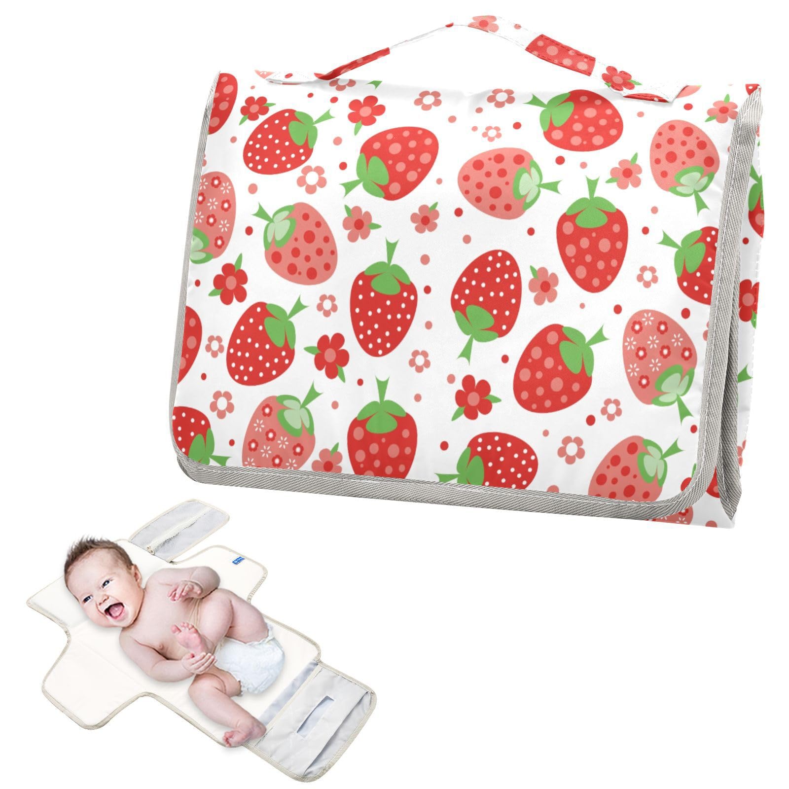 Portable Changing Pad for Baby - Strawberry Waterproof Diaper Changing Mat Travel Changing Pad with Built-in Pillow - Shower Gift for Baby