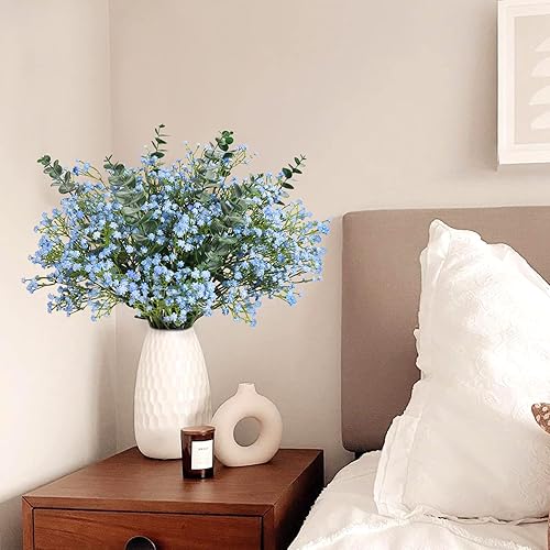 Miniatura 2 de DEEMEI 18 ramos de flores artificiales de eucalipto falsas de flores de gypsophila azules artificiales de tacto real para bodas, arreglos florales,