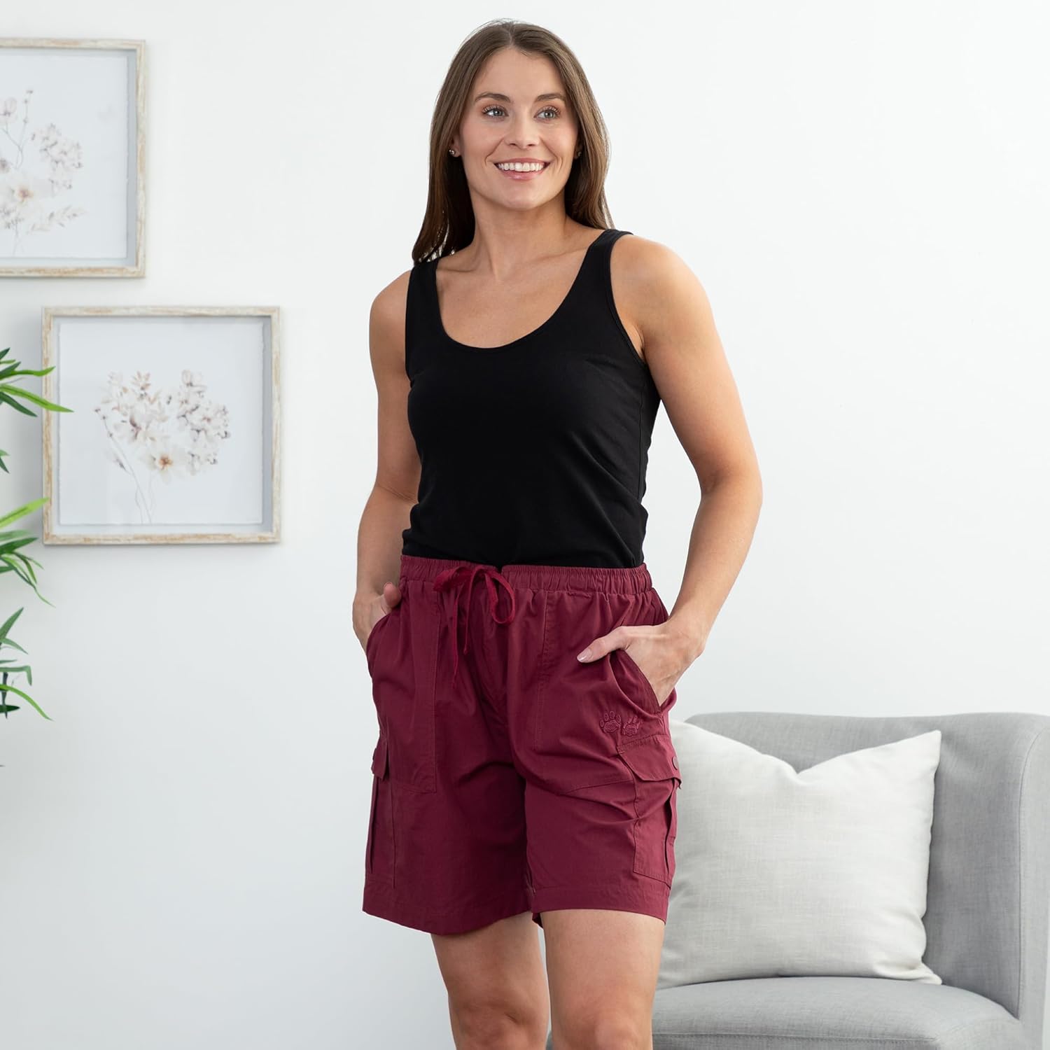 Embroidered Paw Print Cotton Canvas Women's Cargo Shorts for Walking, Hiking with Pockets and Adjustable Drawstring Waist