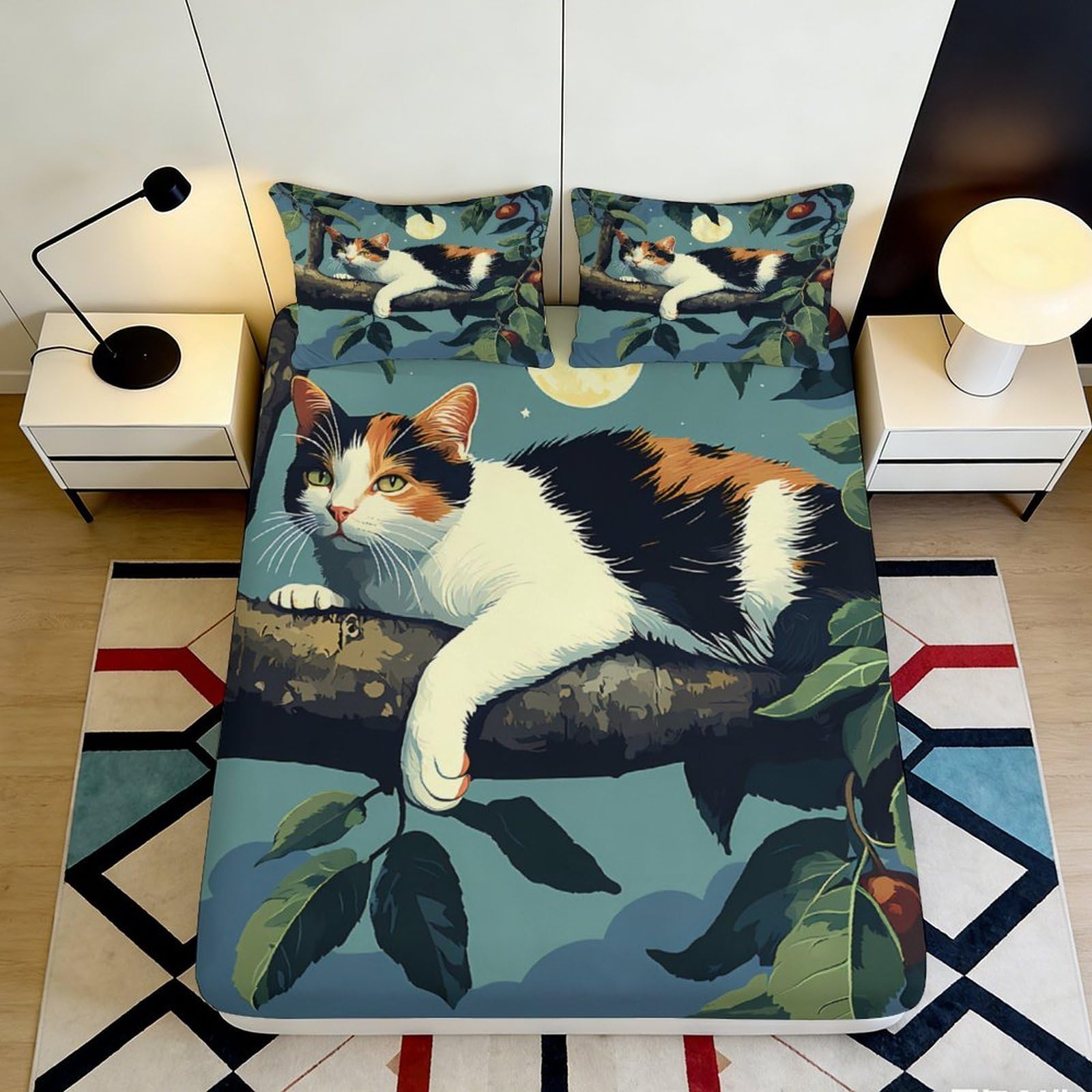Pnayamiorkfel Style-7 3D Printed Calico Cat Fitted Sheet Microfiber Soft Art Tree Bed Cover For Bedroom Guest Room Decor 90X200x25cm