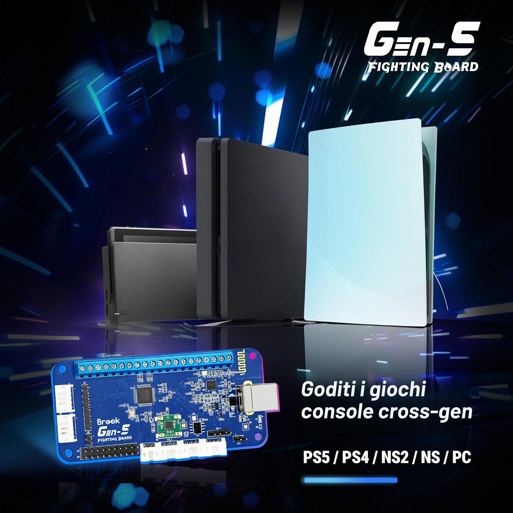 Brook Gaming GEN 5 Fighting Board con adesivo RGB - Supporto multipiattaforma per PS5, PS4, Switch, Switch 2 e PC - Ingresso ultraveloce per il gioco competitivo 【Versione esclusiva】