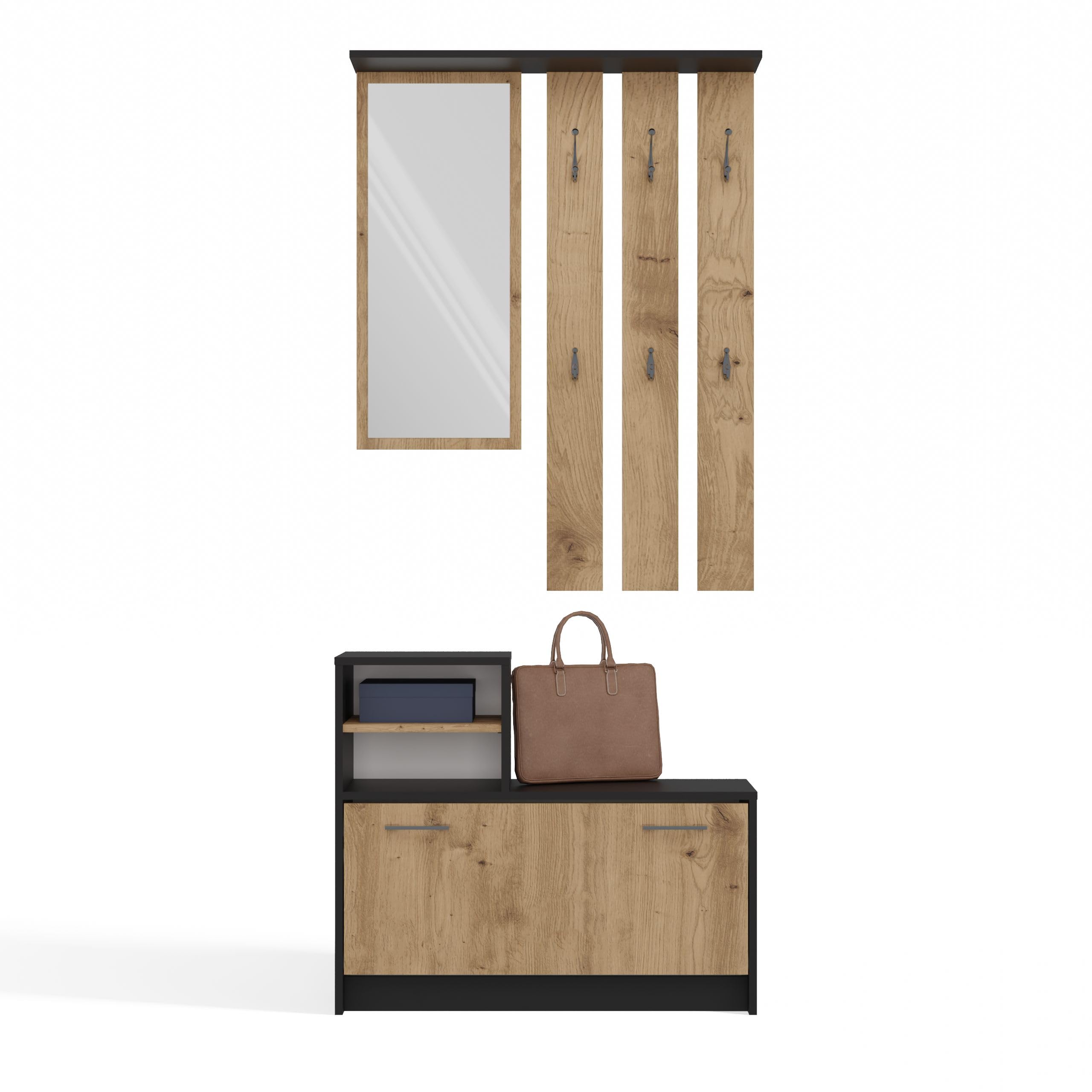 CDF Ensemble Meubles Entrée Complet Vestiaire Miroir Porte-Manteaux Mural 6 Crochets Armoire à Chaussures 9 Paires Rangement Couloir Moderne Compact Placard 85 x 24 x 180 cm Chêne Artisan Anthracite