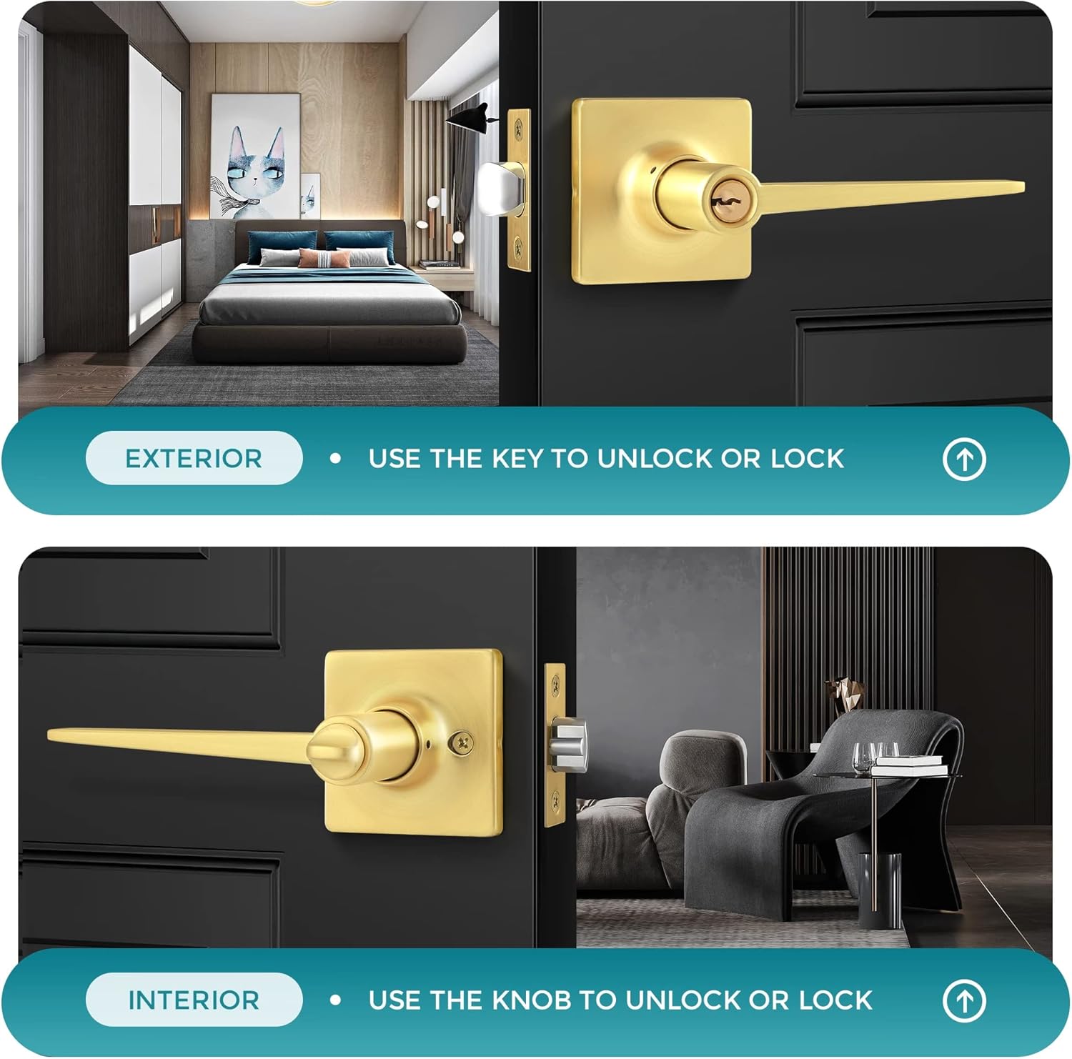 6 Pack Gold Entry Door Handle Keyed Alike, Heavy Duty Entrance Door Lever, Exterior Lockset Contemporary Style, Modern Front Door Hardware