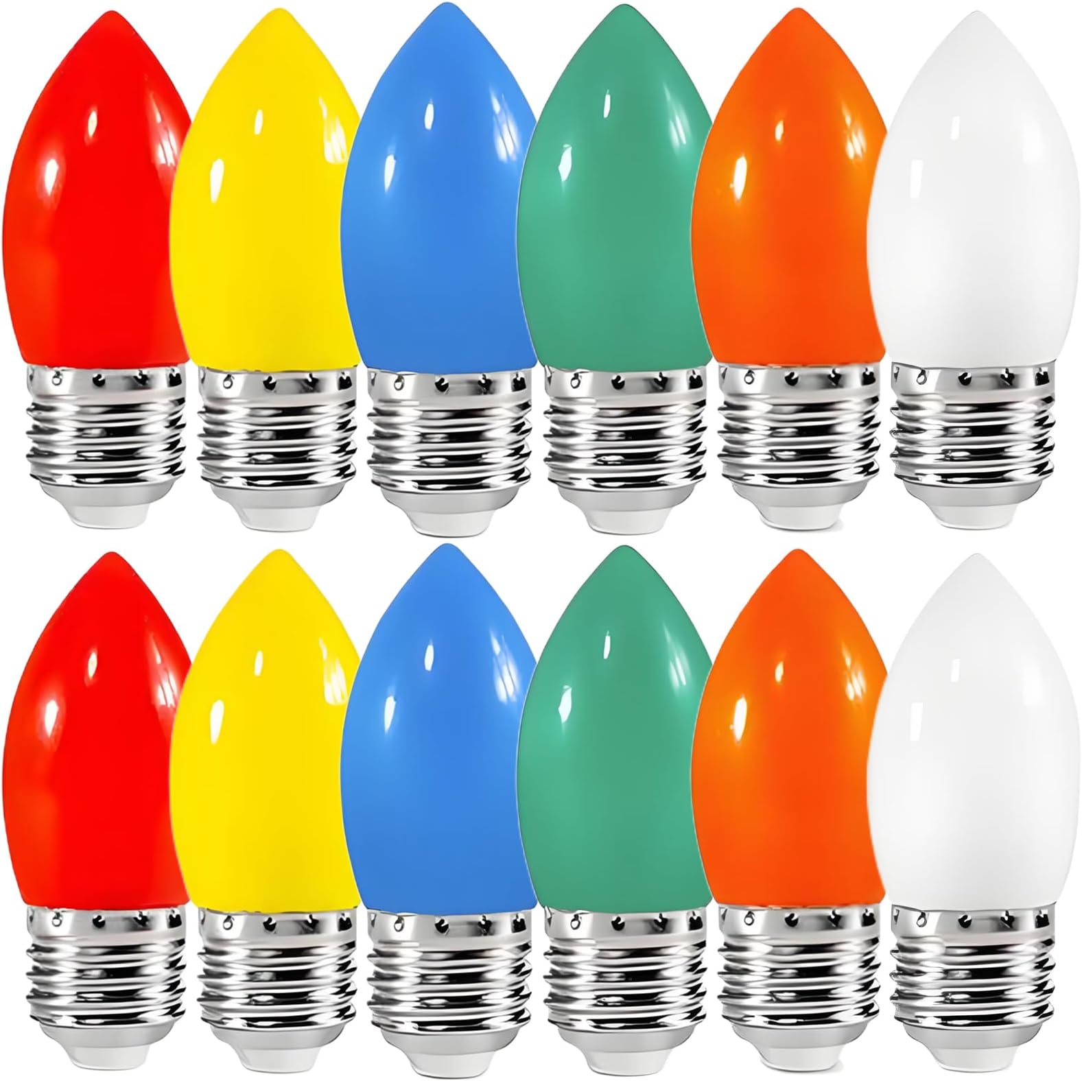 12 Pack E27 Colour LED Bulbs, 2W Equivalent to 20 Watt, C35 Candles Coloured Light Bulb, Multicolor, Red Yellow Blue Green Orange Warm White