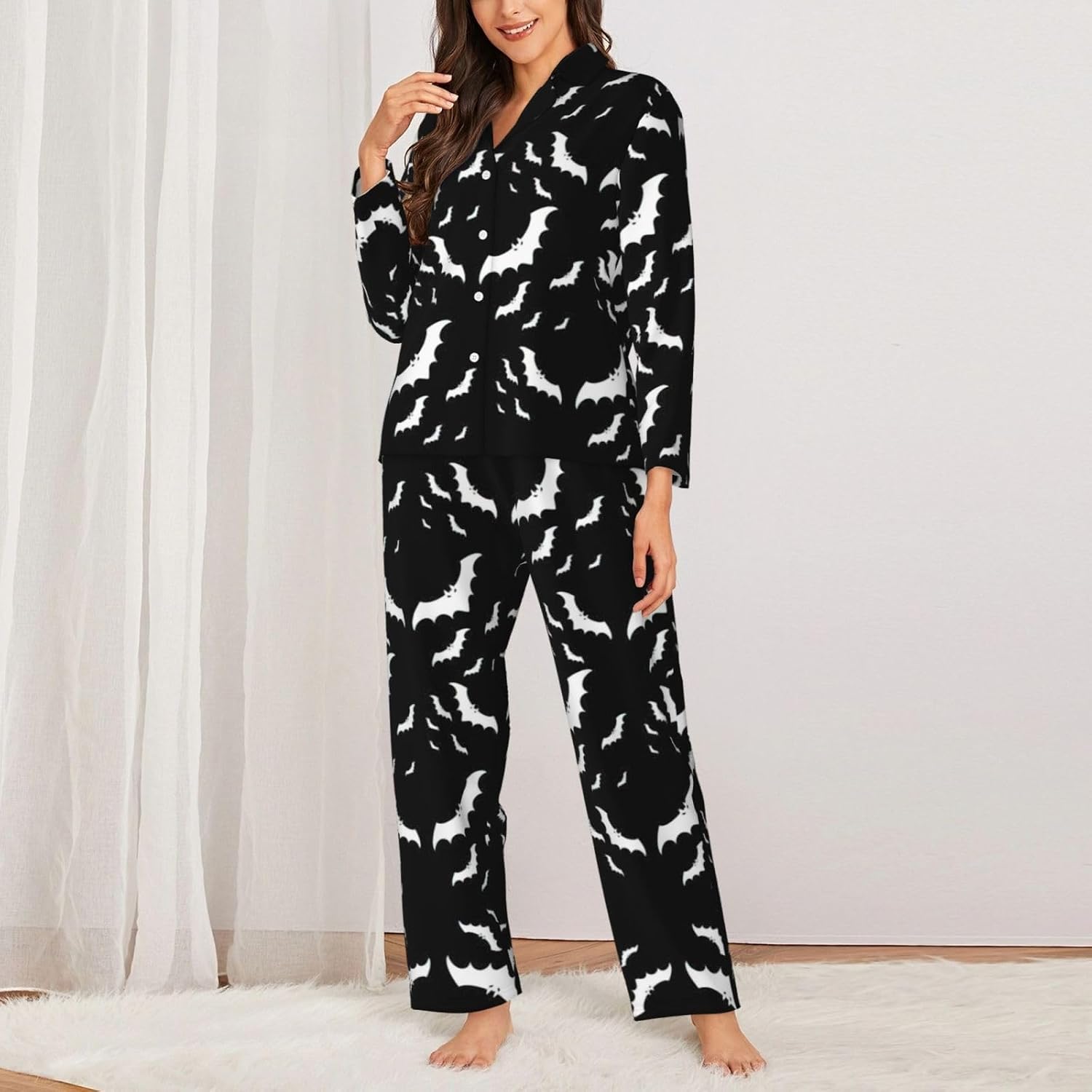 Halloween Flying Bats Print Winter Fall Bedtime Women Long Sleeve Pajama Set Soft Sleepwear Cozy Nightclothes