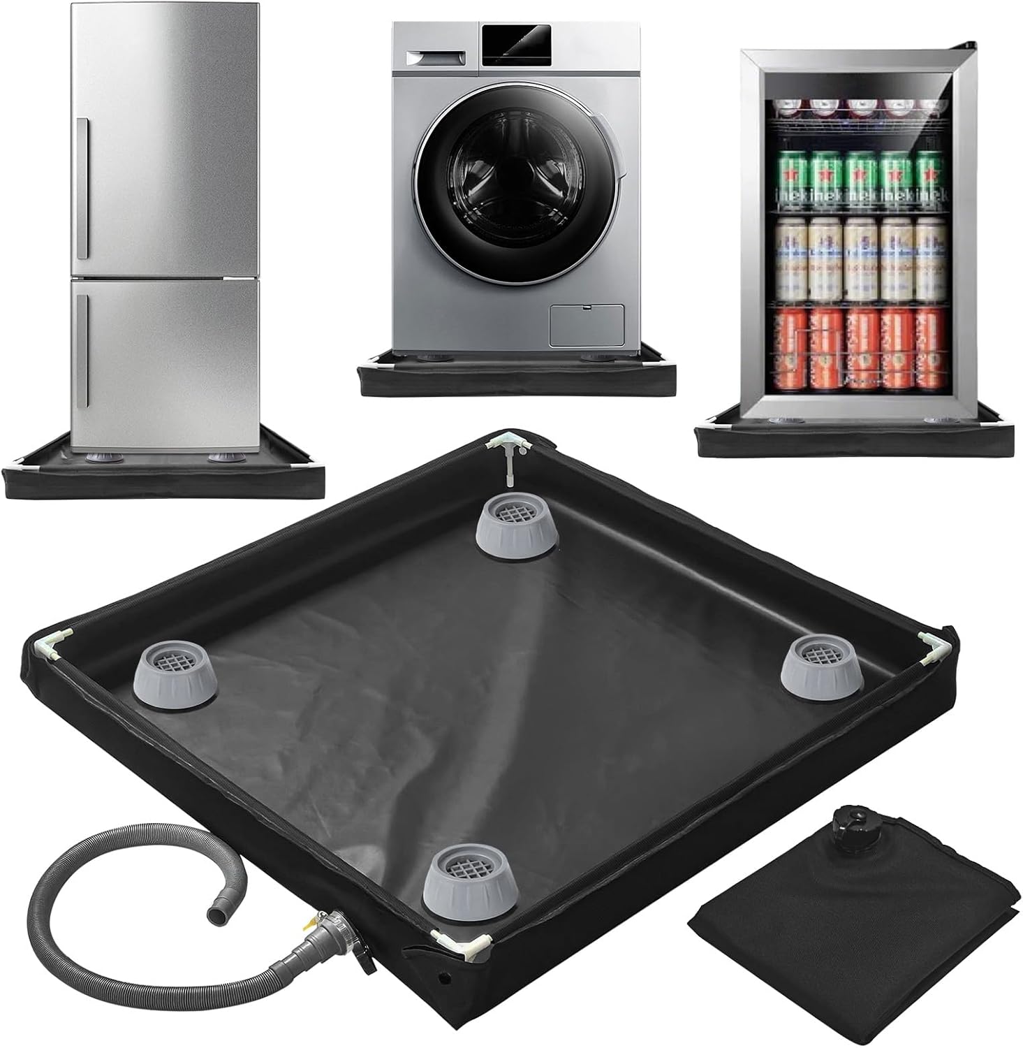 Washing Machine Pan 31.9 X 31.9 X 2.7 Inch Washing Machine Drain Pan with 4 PCS Anti-Vibration Foot Pads and Drain Hole Hose for Washer Dryer Floor Protection