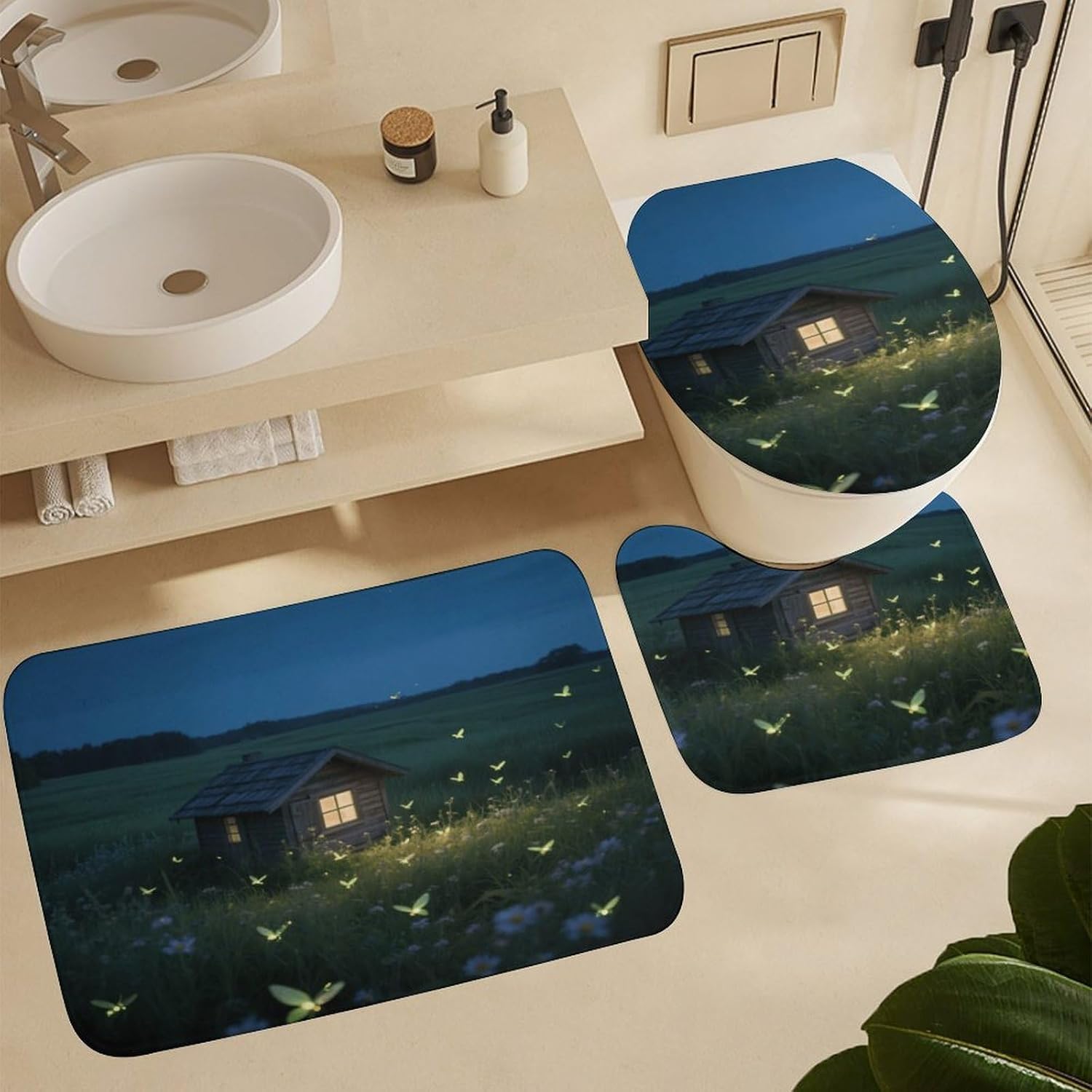 Firefly Cabin Bath Rug Set 4 Piece,Bathroom Accessories Set-Toilet Rugs U Shaped,Toilet Lid Cover,Shower Curtain and Rugs,Ultra Soft, Absorbent,Home Decor