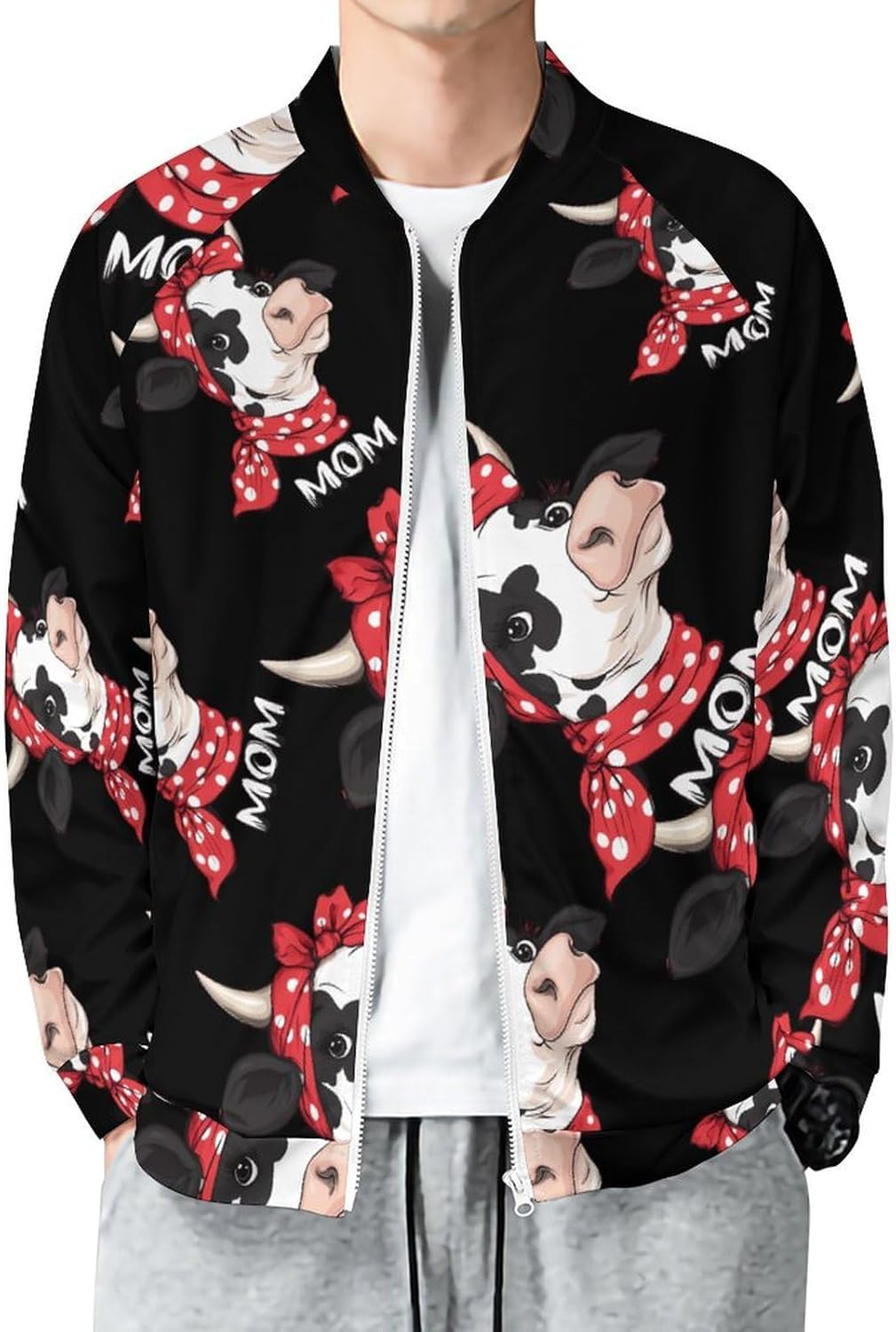 Cow-Print Farm Mama Men's Zip Up Sweatshirt Casual Sweater Jackets Long Sleeve Tops Lightweight Coat
