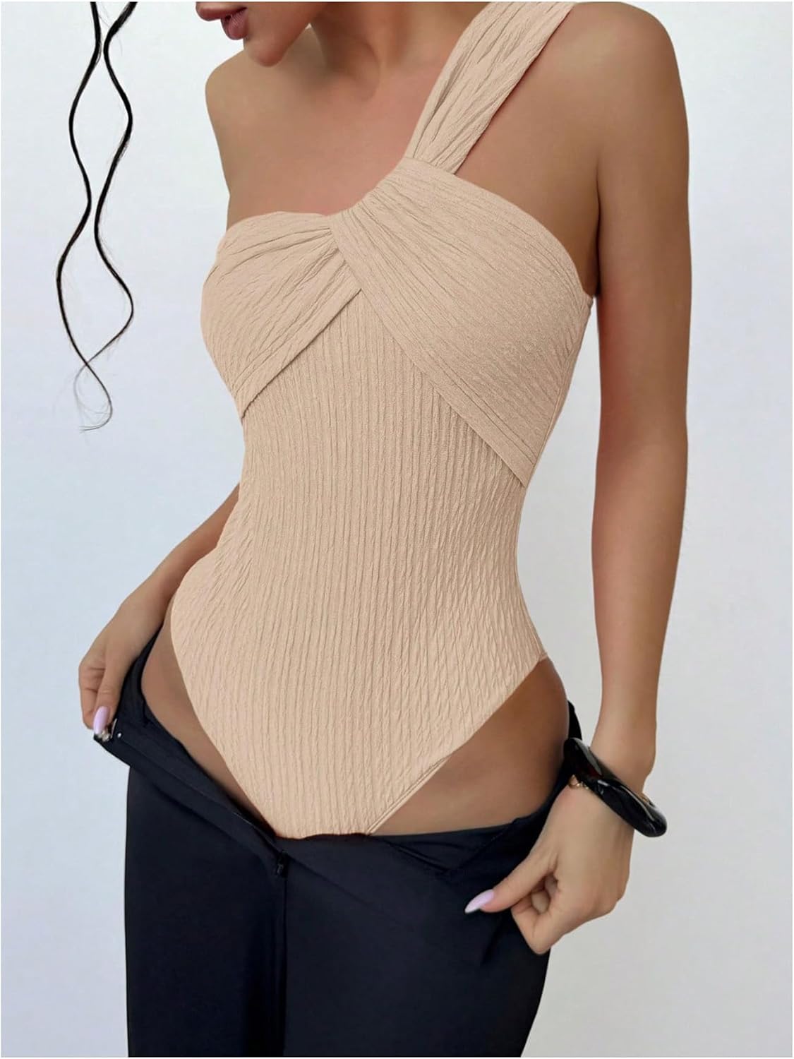 GORGLITTER Women's Twist Front One Shoulder Bodysuit Sleeveless Backless Asymmetrical Neck Tank Top Jumpsuits - Image 3