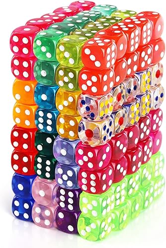 Juego de 160 dados de juego de 6 caras, juego de dados acrílicos translúcidos de 0.63 pulgadas, dados de colores vintage premium, esquinas