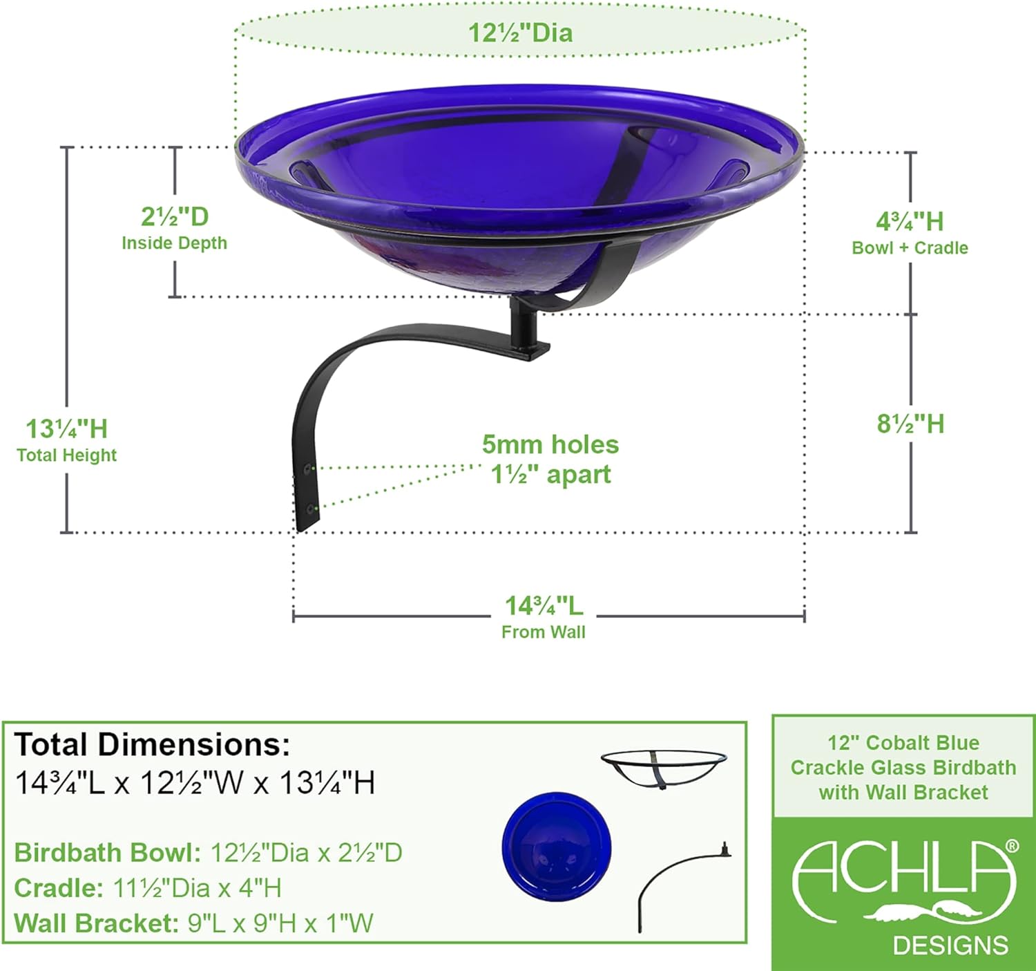Achla Designs 201-5020 12 Inch Cobalt Blue Crackle Wall Mount Bracket Birdbath