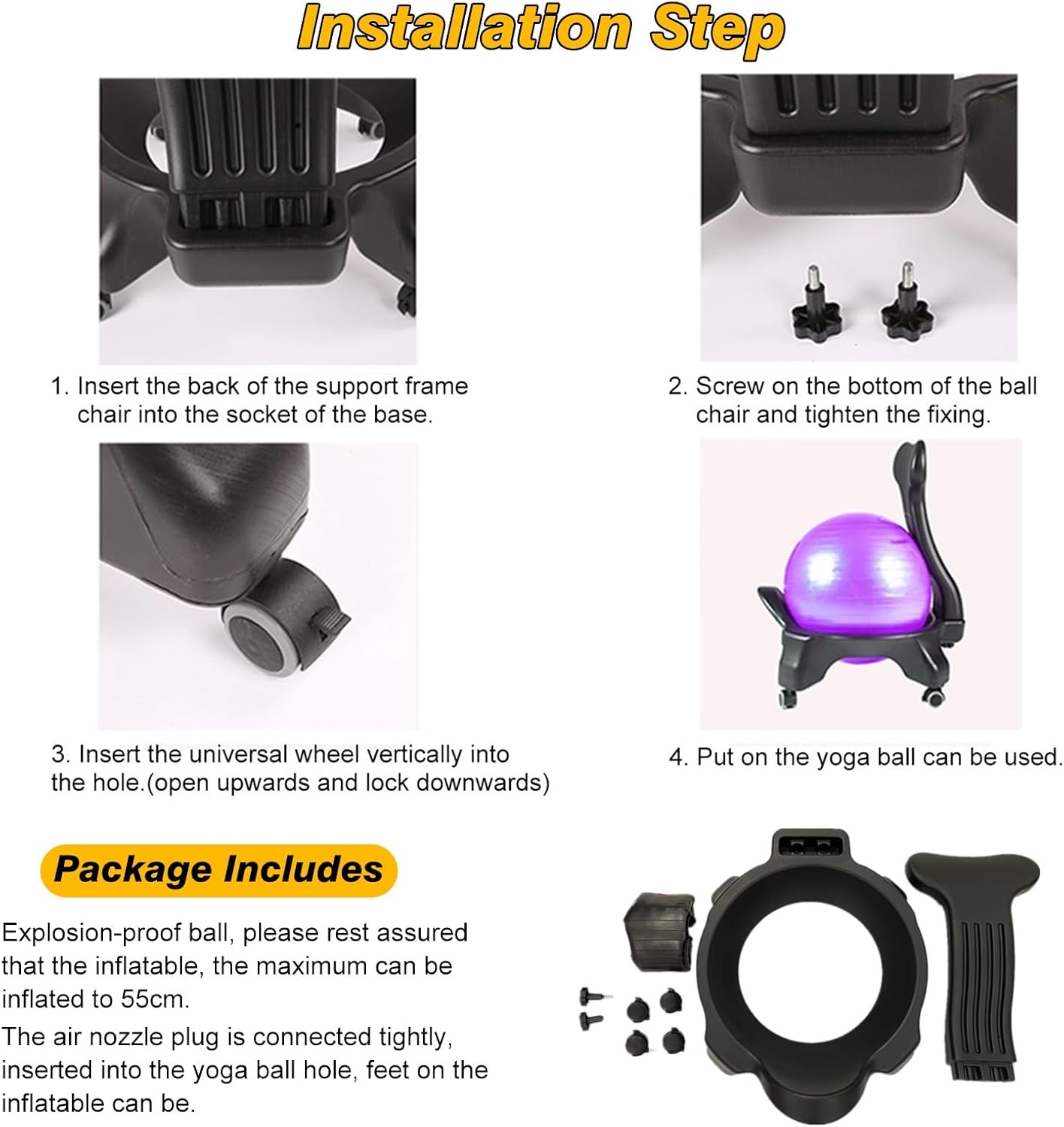 Home Office Ball Chair, Pilates Exercise Yoga Ball Desk Chairs with Ergonomic Chair Back for Improves Back Pain, Core Strengthening Stability Ball Chair
