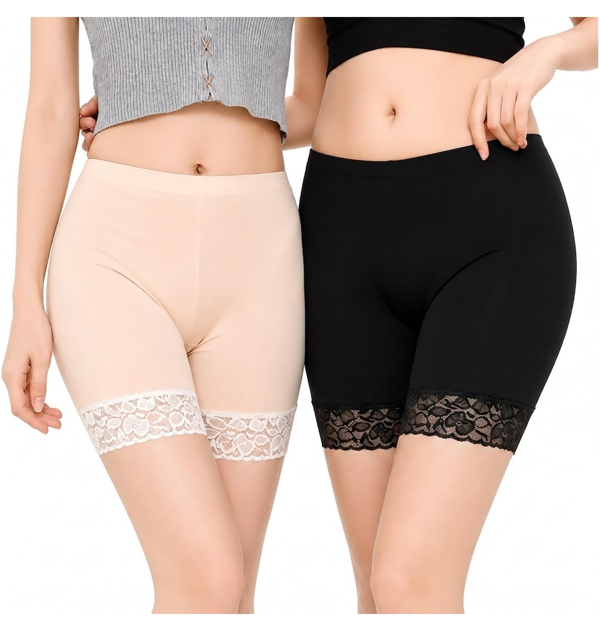 Avyam Enterprise Fabric Women's/Girl's Shorts with Lace Trim Cycling Shorts/Safety Shorts/Under Skirt Shorts/Night Shorts Color Black Cream (Pack of 2)-picture-50