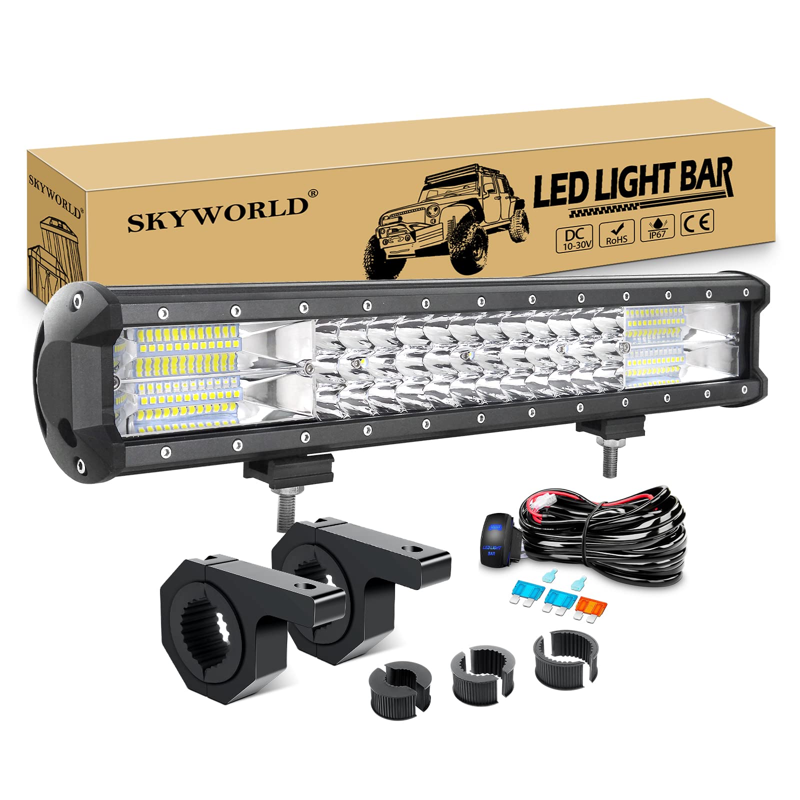 SKYWORLD Reflektor roboczy LED, 46 cm, 252 W, 12 V, 24 V, uchwyt lampy robocze 23/35/50 mm + zestaw wiązek przewodów 4 x 4 4WD traktorów ciężarówek ATV, UTV