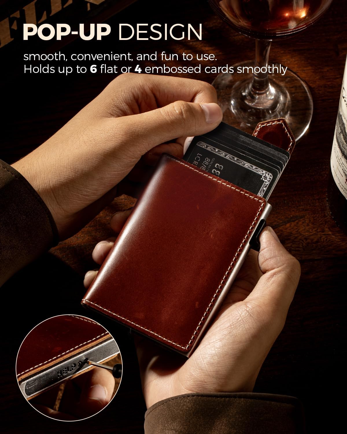 LORZOR Slim Wallet for Men with Security Latch, Pop Up Metal Card Holder Wallet, Finest Full Grain Leather Bifold Wallets, Smart, Minimalist, RFID Blocking, Front Pocket, ID Window - Image 3