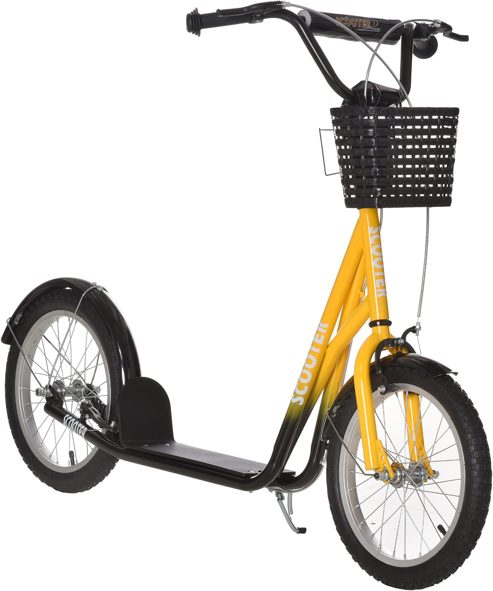 HOMCOM Kids Scooter, Kick Stunt Scooter with Adjustable Handlebar, Dual Brakes, Basket, Cupholder, Mudguard, 16" Inflatable Rubber Wheels, for 5-12 years
