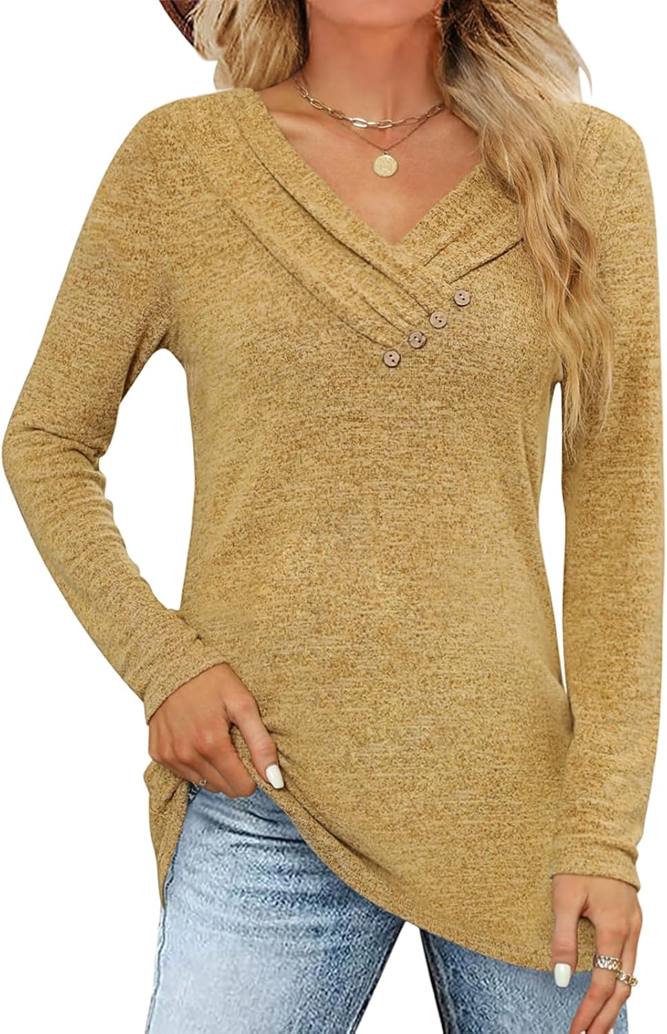 Women's Fall Long Sleeve Tunic Tops for Leggings V Neck Button Casual Blouse Sweatshirt