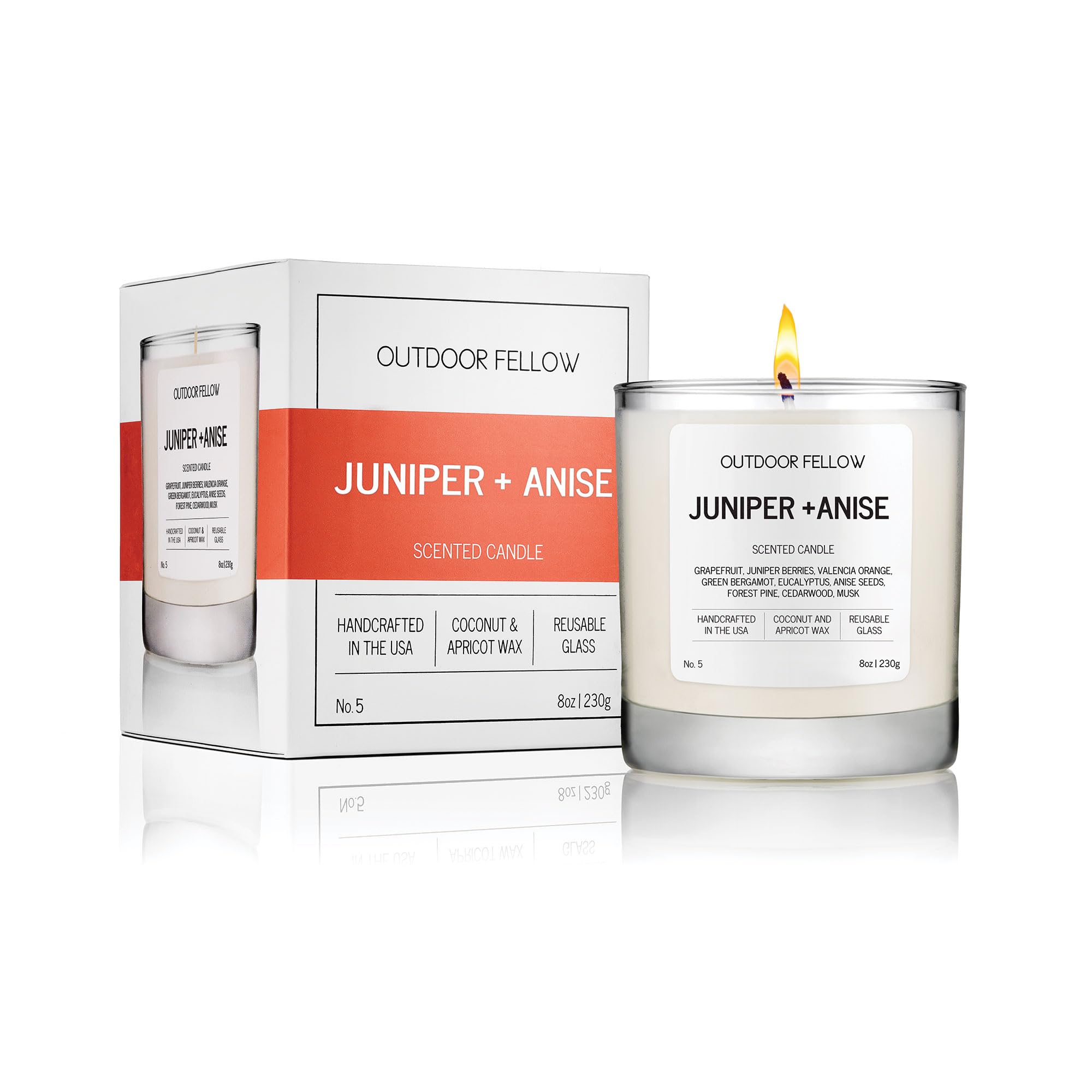 Outdoor Fellow Juniper + Anise Scented Candle, 8oz, Coconut & Apricot Wax Blend, Juniper Berry, Zesty Grapefruit, Citrus Peel, Reusable Glass, 40-50 Hour Burn Time