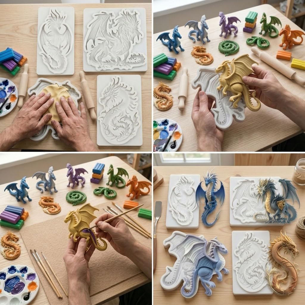 Dragon Silicone Molds Flying Dragon Polymer Clay Mold Set of 4