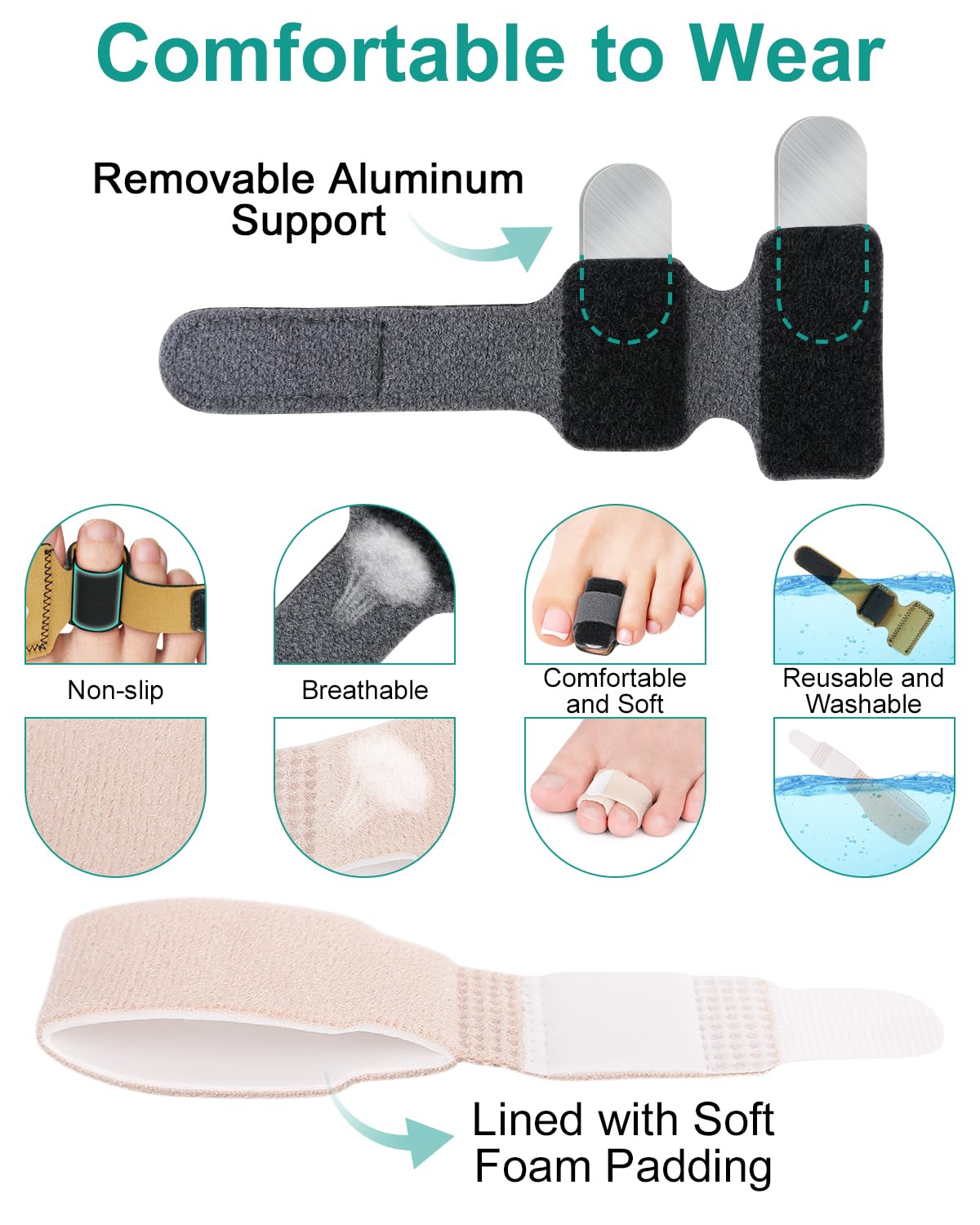 2 Pcs Hammer Toe Straightener with Aluminum Plate Support and 2 Pcs Adjustable Broken Toe Splints Support Wraps for Women & Men, Hammer Toe Corrector Relief for Hammer, Curled, Bent, Broken Support (Medium)