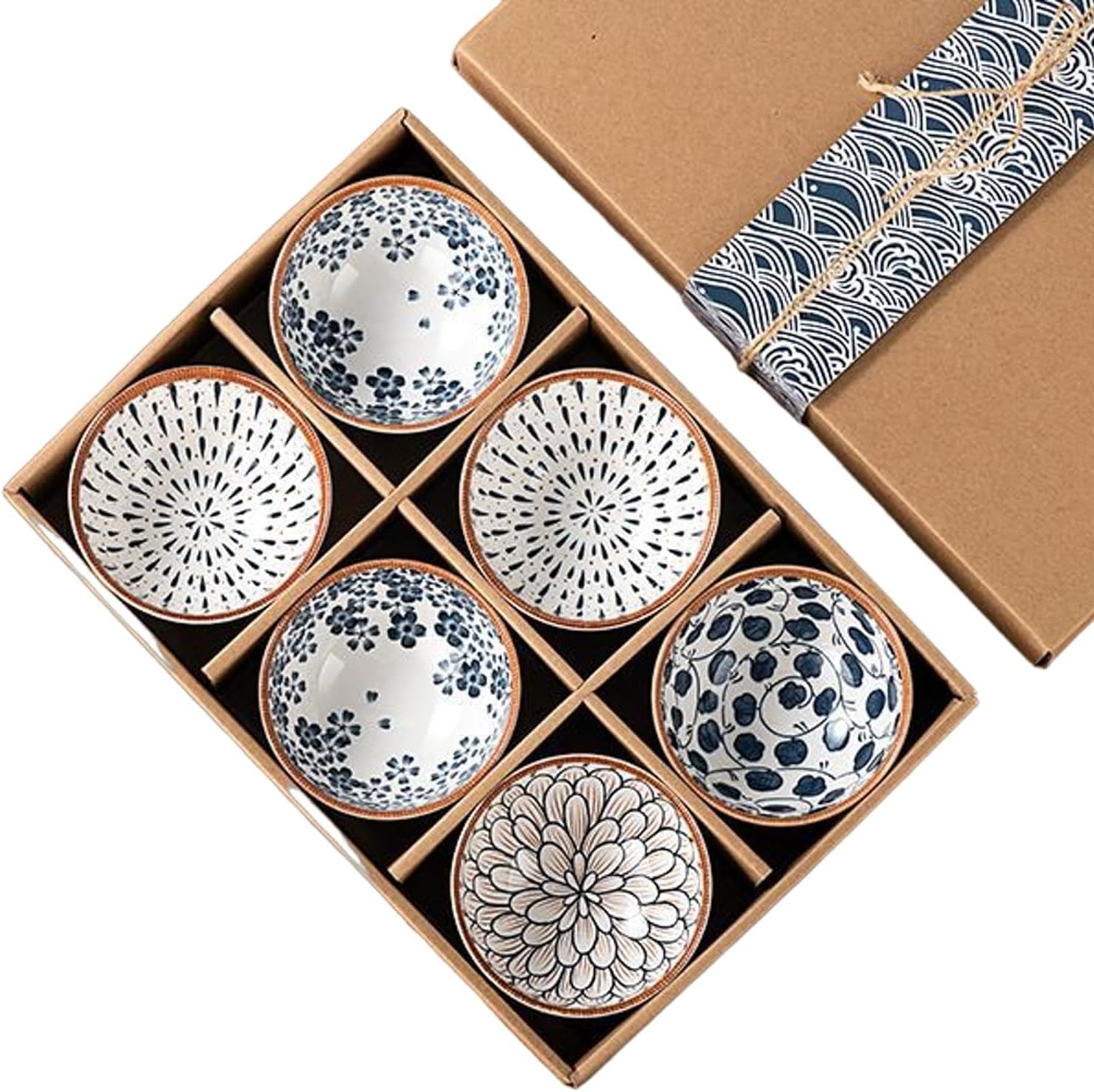 Japanese Asian Cuisine Bowl Serving for Pasta, Salad, Noodle, Dessert, Oatmeal, Rice, Snack, Soup White and Blue Porcelain Bowls for Kitchen, Dinner Bowl Set (Bowl_F_Set of 6)
