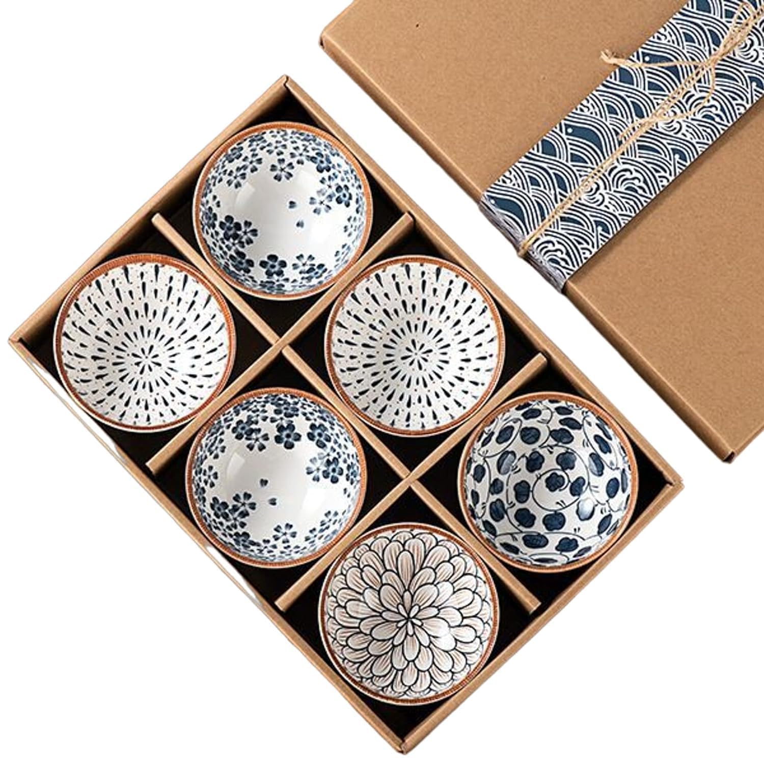 Japanese Asian Cuisine Bowl Serving for Pasta, Salad, Noodle, Dessert, Oatmeal, Rice, Snack, Soup White and Blue Porcelain Bowls for Kitchen, Dinner Bowl Set (Bowl_F_Set of 6)