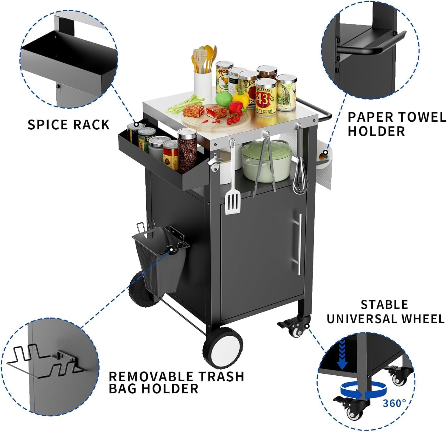 Outdoor Grill Cart with Stainless Steel Top, Grill Table with Storage Cabinet for Patio, Kitchen Prep, Grilling Accessories, Black