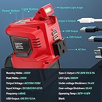 Vista 6 de Ecarke 200W Portable Power Inverter Compatible with Milwaukee 18V Battery, DC 18V to AC 110V Power Station with 1 AC Outlet, 2 USB, 1 Type-C & LED