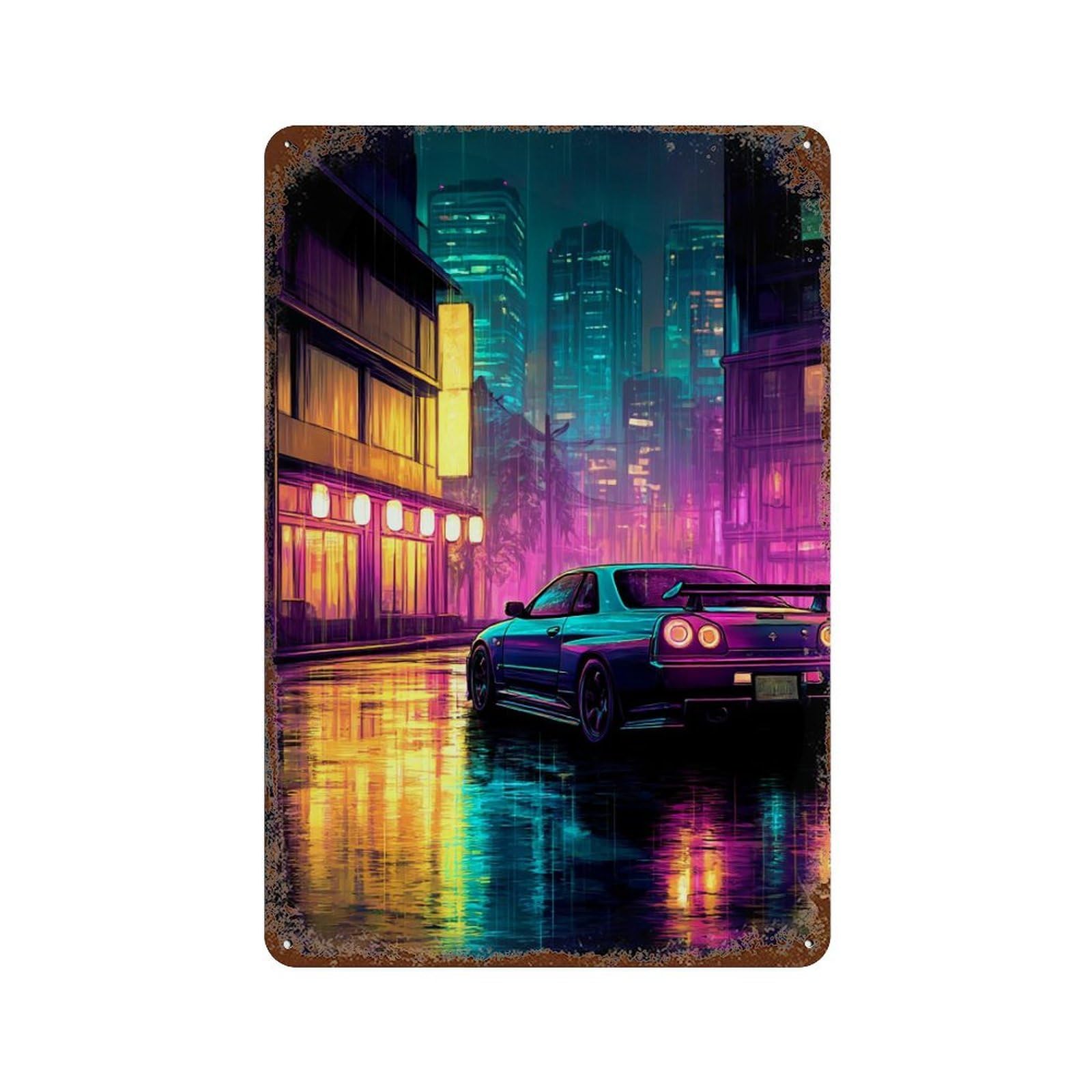 Neon City Nightscape 11.8"x7.9" Retro Metal Sign, Shabby Chic Decor for Garage, Bar And Workshop Decor