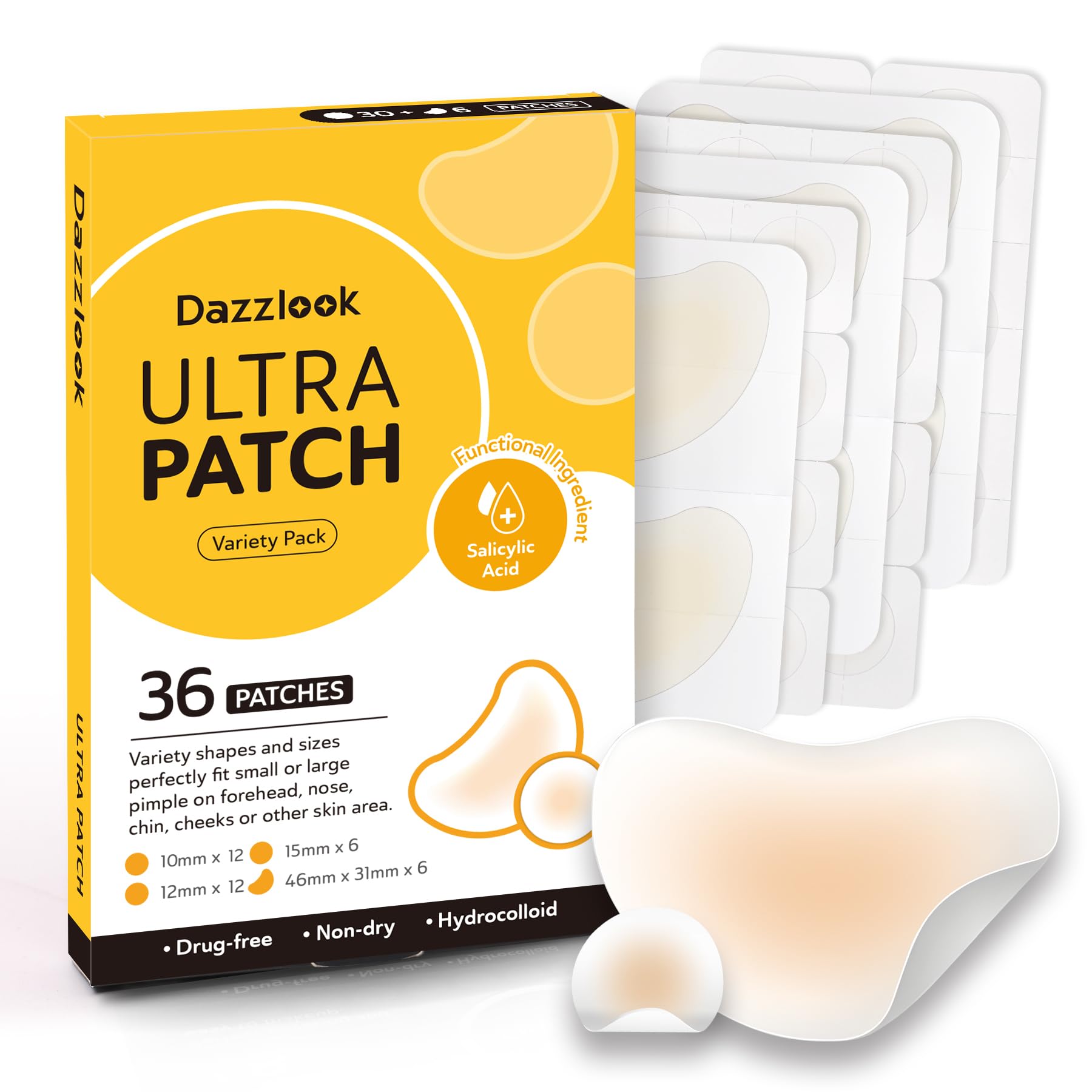 Dazzlook Ultra Pimple Patch Variety Pack Hydrocolloid Pimple Patches with Salicylic Acid for Covering Small & Large Zits and Blemishes, Spot Stickers