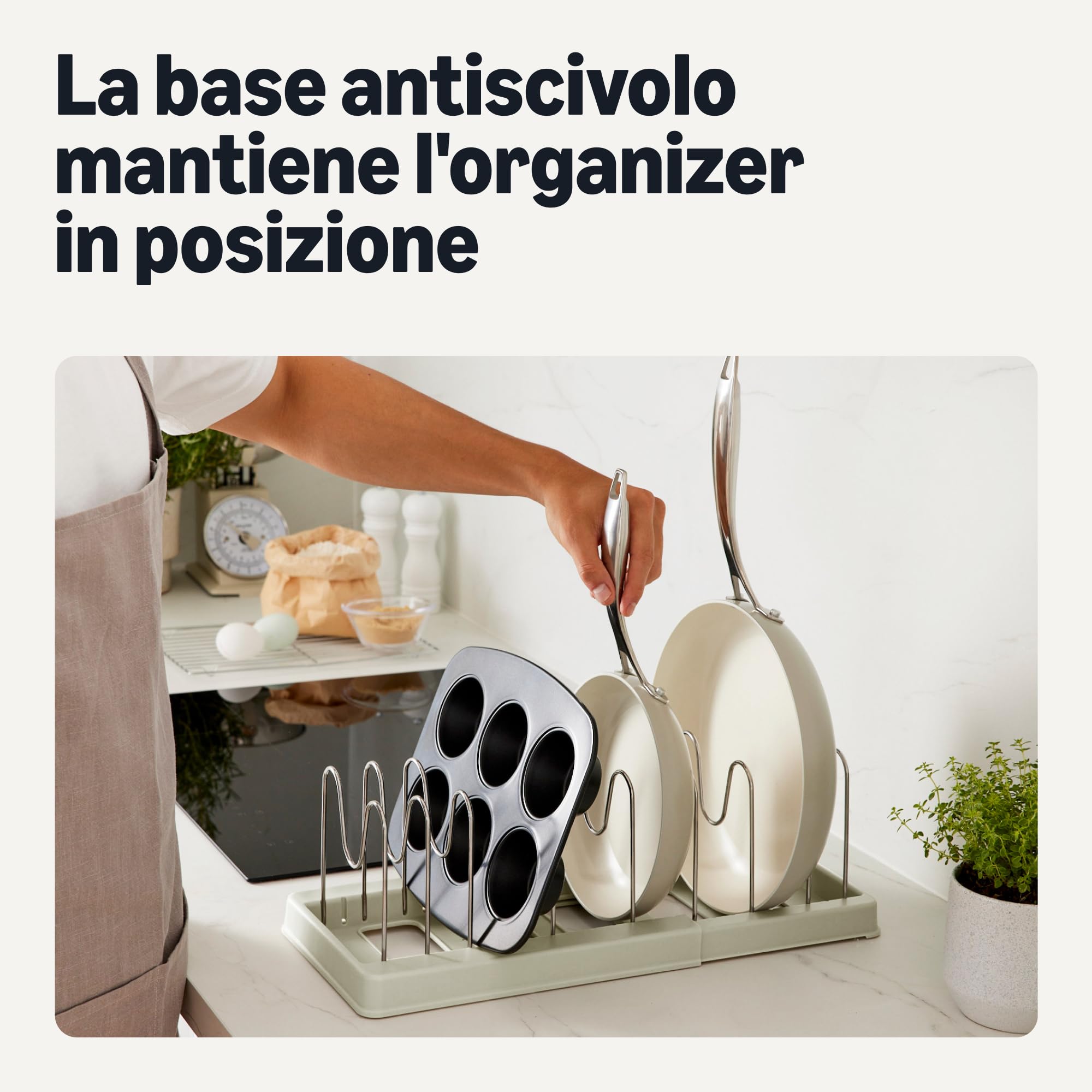 Amazon Basics Organizer per Pentole e Teglie, Include 10 Divisori, in Acciaio Inox, Espandibile da 31cm a 53cm