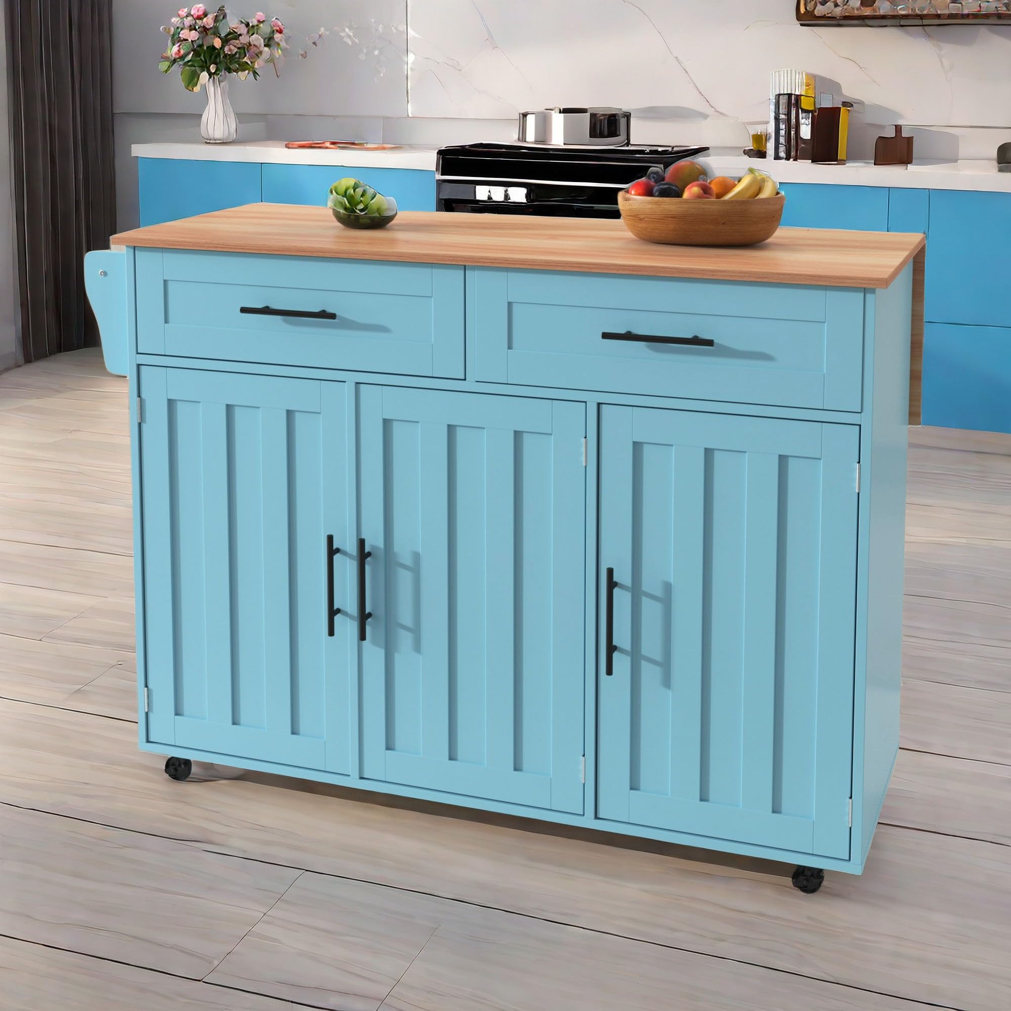 Wyibwy Carrito de cocina, isla de cocina sobre ruedas con superficie de trabajo plegable, isla de cocina móvil con 2 cajones y 3 estantes, carro de comedor con vetas de madera, 120 x 46 x 91,5 cm,
