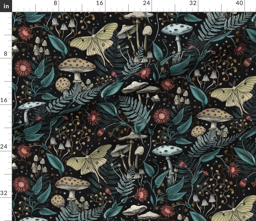Spoonflower Fabric - Whimsical Gothic Woodland Forest Luna Moth Mushrooms Botanical Floral Printed on Petal Cotton Fabric Fat Quarter - Sewing Quilting Apparel Crafts Decor