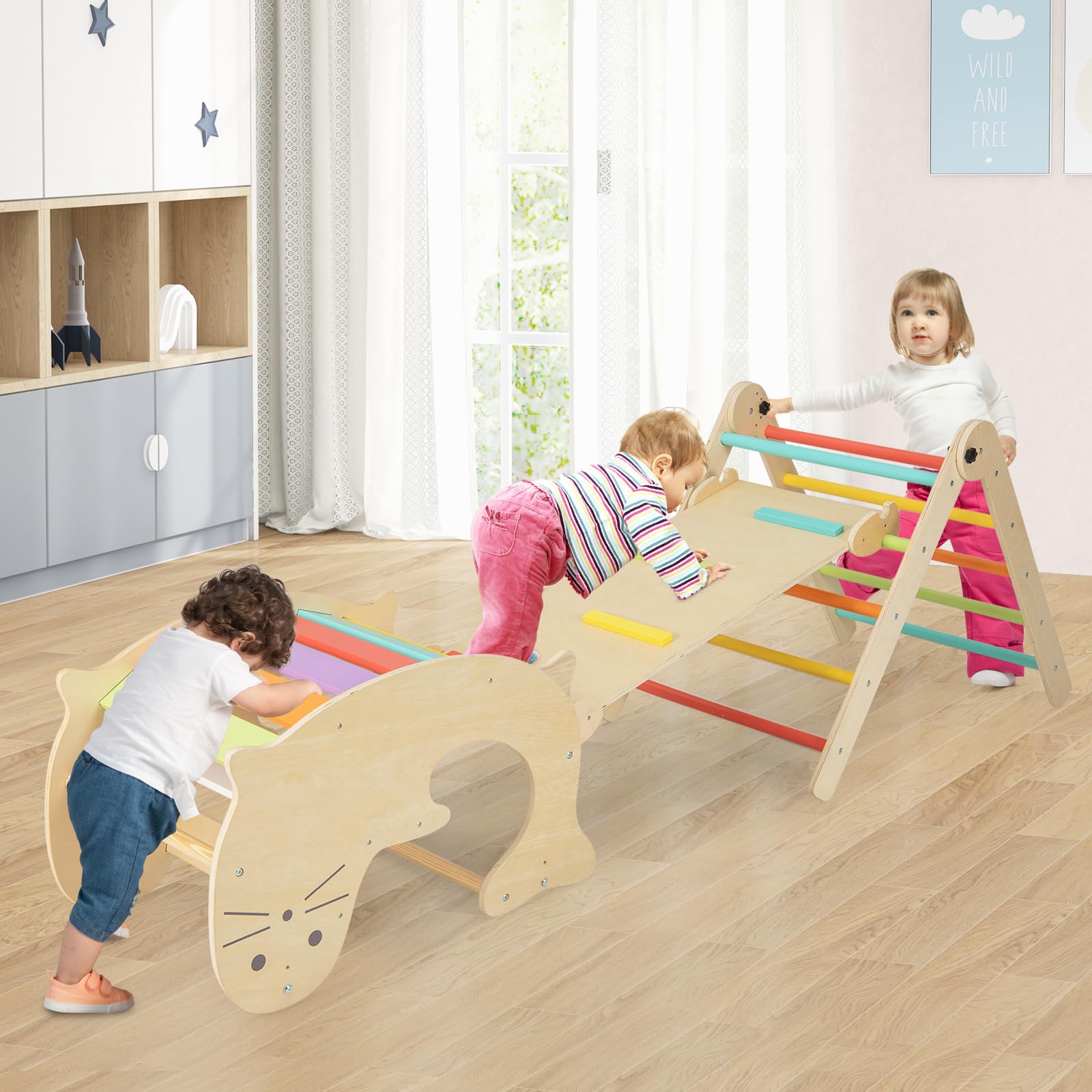 COSTWAY 7 in 1 Set di Arrampicate per Bambini, Arrampicatore Pieghevole in Legno con Scivolo Reversibile, Dondolo e Arrampicata, Tavolo e Tunnel, per Bambini 3-14 Anni (Colorato)