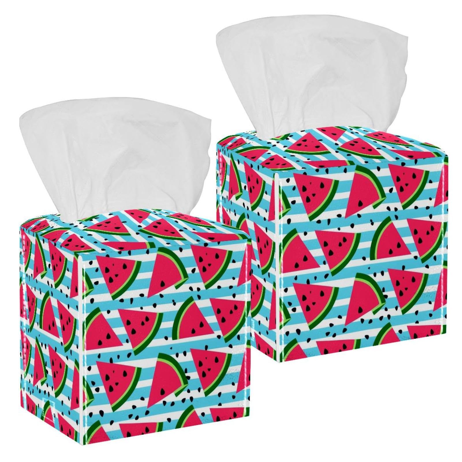 Watermelon Tissue Box Cover, 2 Pack PU Leather Square Facial Tissue Dispenser Box holder for Home Office Car