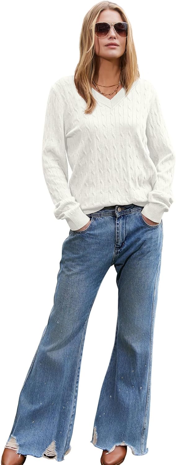 Sampeel Sweaters for Women Fashion 2025 Cable Knit Fall Clothes V Neck Business Casual Teacher Outfits - Image 4